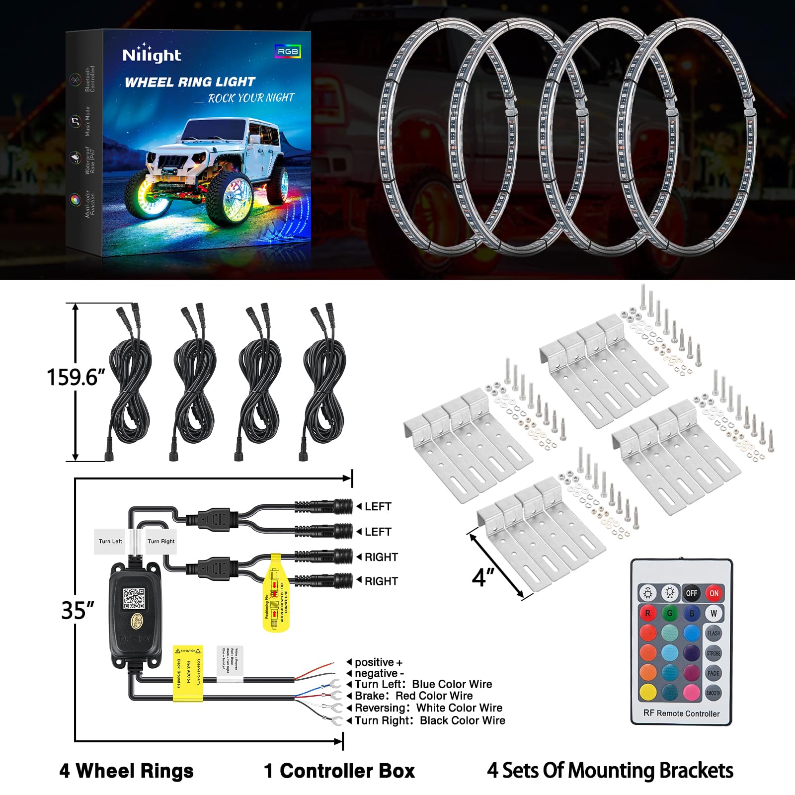 Nilight 4PCS 17.5inch RGB LED Wheel Ring Lights with APP & Remote Control - Dual Row Neon Lights with Turn Signal & Braking Function for Cars, SUVs, Trucks & Vans - Perfect for Off-Roading, Car Shows & Night Driving