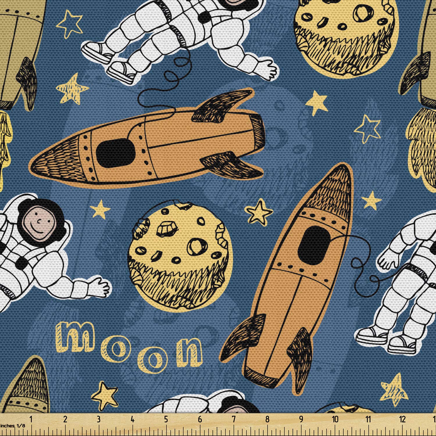 Ambesonne Astronaut Fabric by The Yard - Outer Space Rocket, Stars, Planets & Moon Landing Galaxy Print - Decorative Upholstery Fabric for DIY Home Decor, Curtains, Pillows & Crafts - 10 Yards, Dark Sky Blue & Apricot - Perfect for Space-Themed Bedrooms, Kids Rooms & Sci-Fi Decor