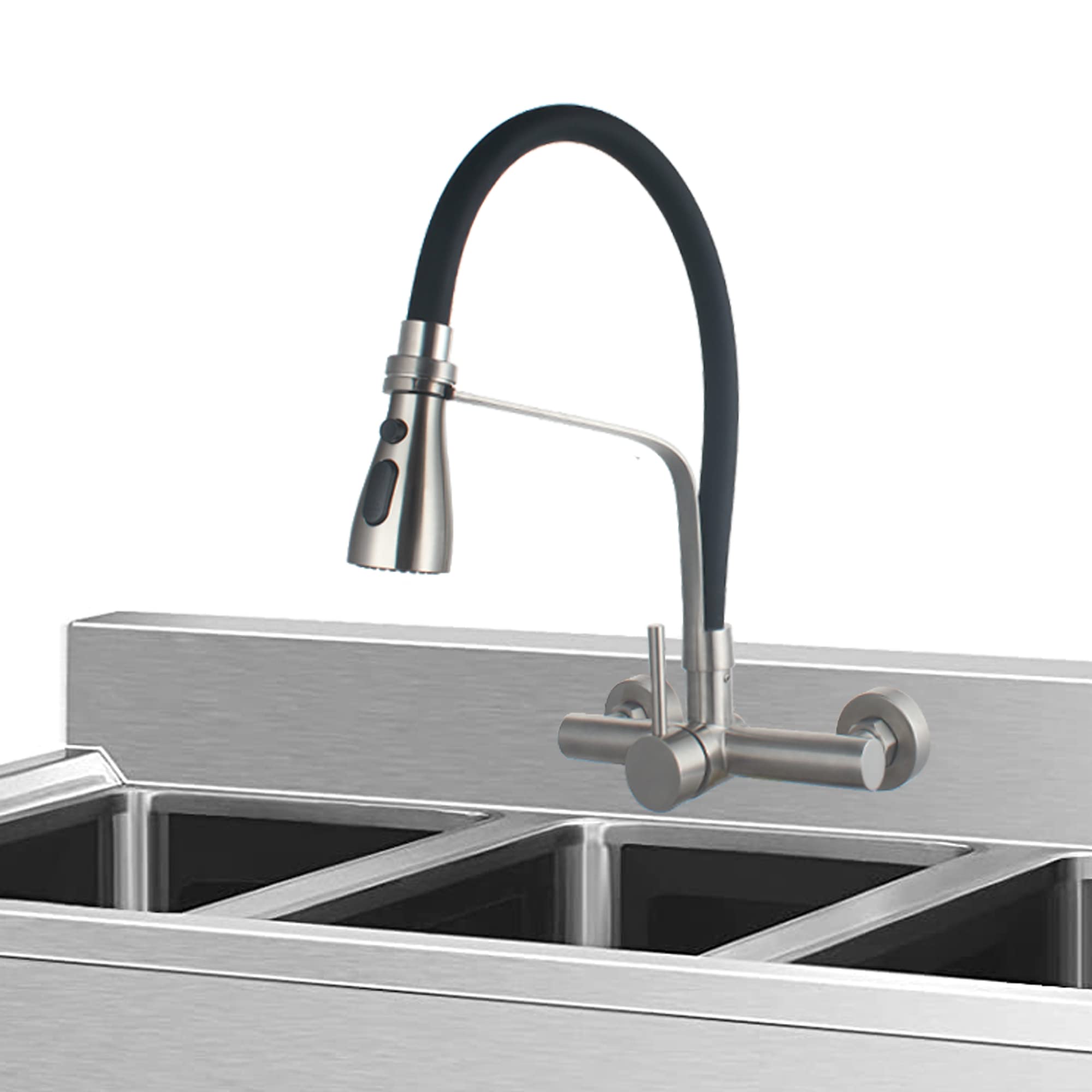 Commercial Stainless Steel Wall Mount Kitchen Faucet with Pull Down Sprayer - 8 Inch Center, 3 Functions, Lead-Free (SSKF17-2DC) - Perfect for Restaurants, Laundry Rooms & Utility Sinks