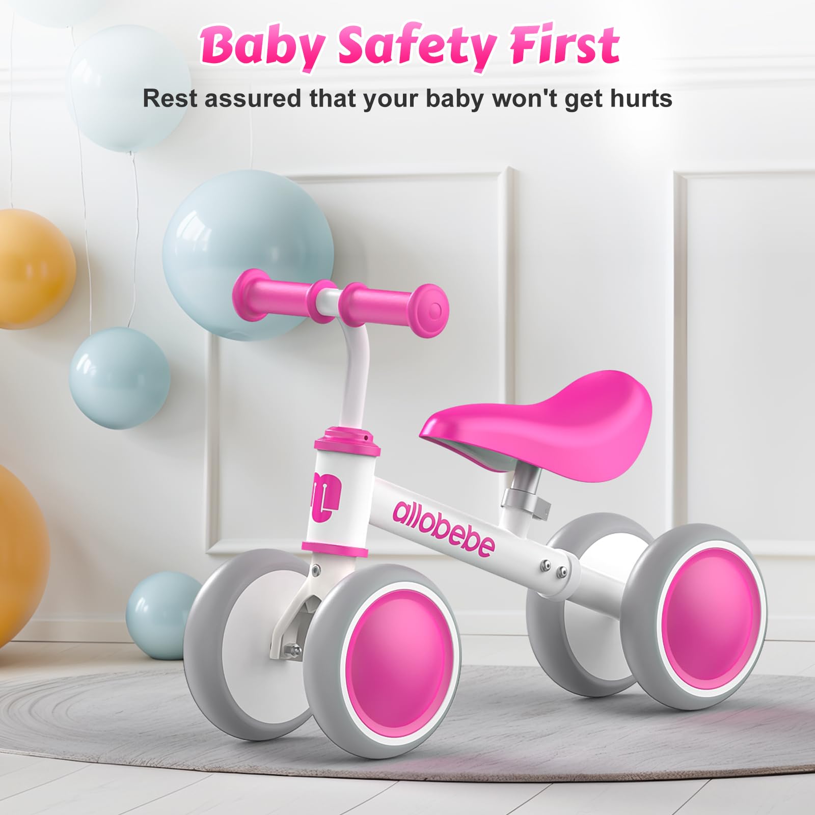 Allobebe Baby Balance Bike for Toddlers 12-36 Months - Adjustable Seat, Silent 3 Wheels, First Bike Gift for 1 Year Old Girls & Boys - Perfect for Learning to Walk, Run & Ride Indoors/Outdoors