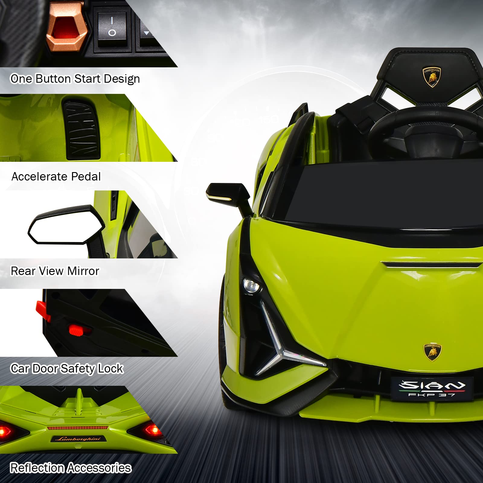 INFANS 12V Licensed Lamborghini Sian Kids Electric Ride-On Car with Parent Remote Control - Spring Suspension, MP3 Player & Carbon Fiber Texture - Green Toddler Toy Roadster for Indoor/Outdoor Play & Birthday Gifts