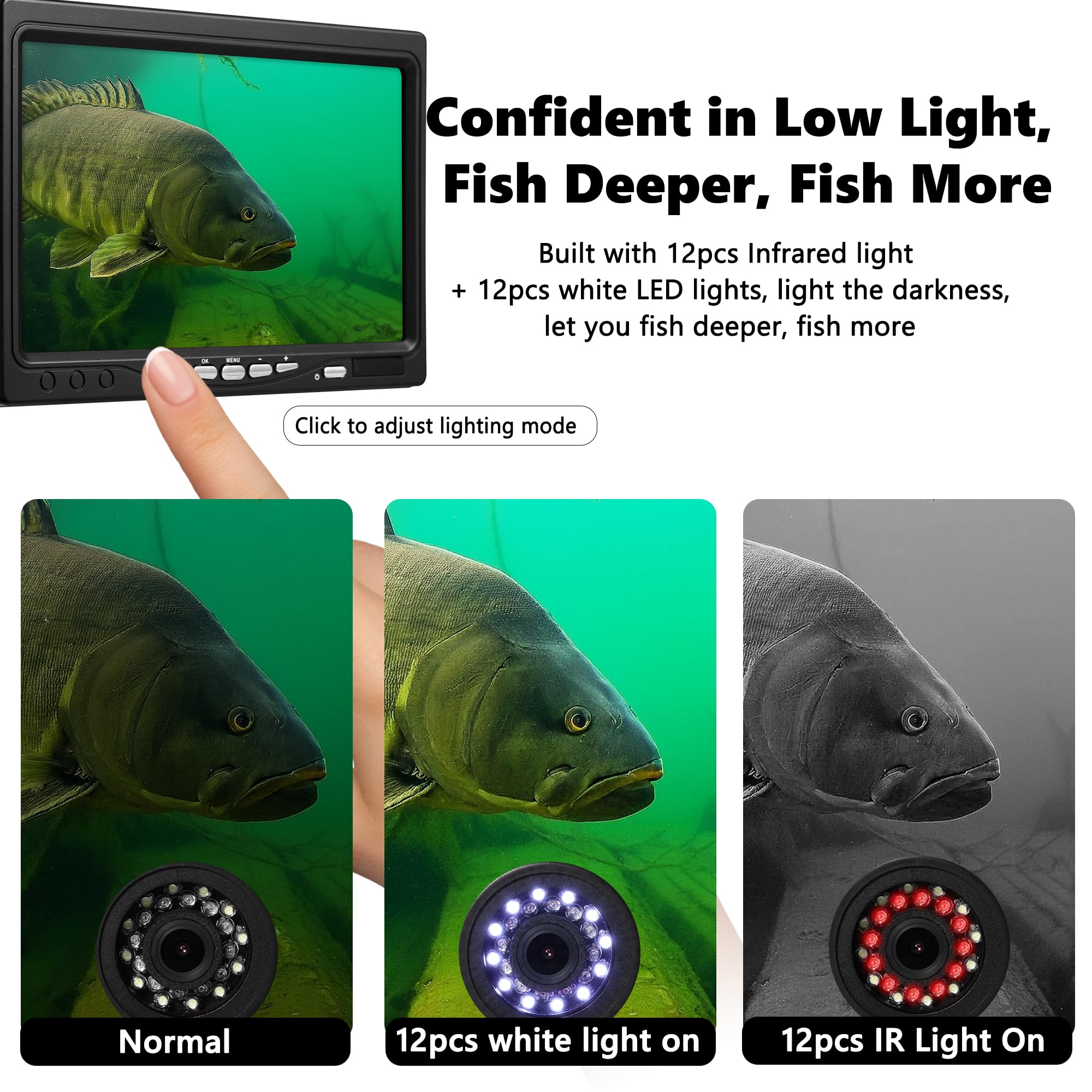Underwater Fishing Camera with 12pcs IR & 12pcs LED Lights, 1200TVL HD, 7'' LCD Screen - 4,500mAh Li-Battery, 50ft Cable - Ice Fishing Camera & Fish Finder for Men - Perfect for Ice, Lake & Boat Fishing Adventures