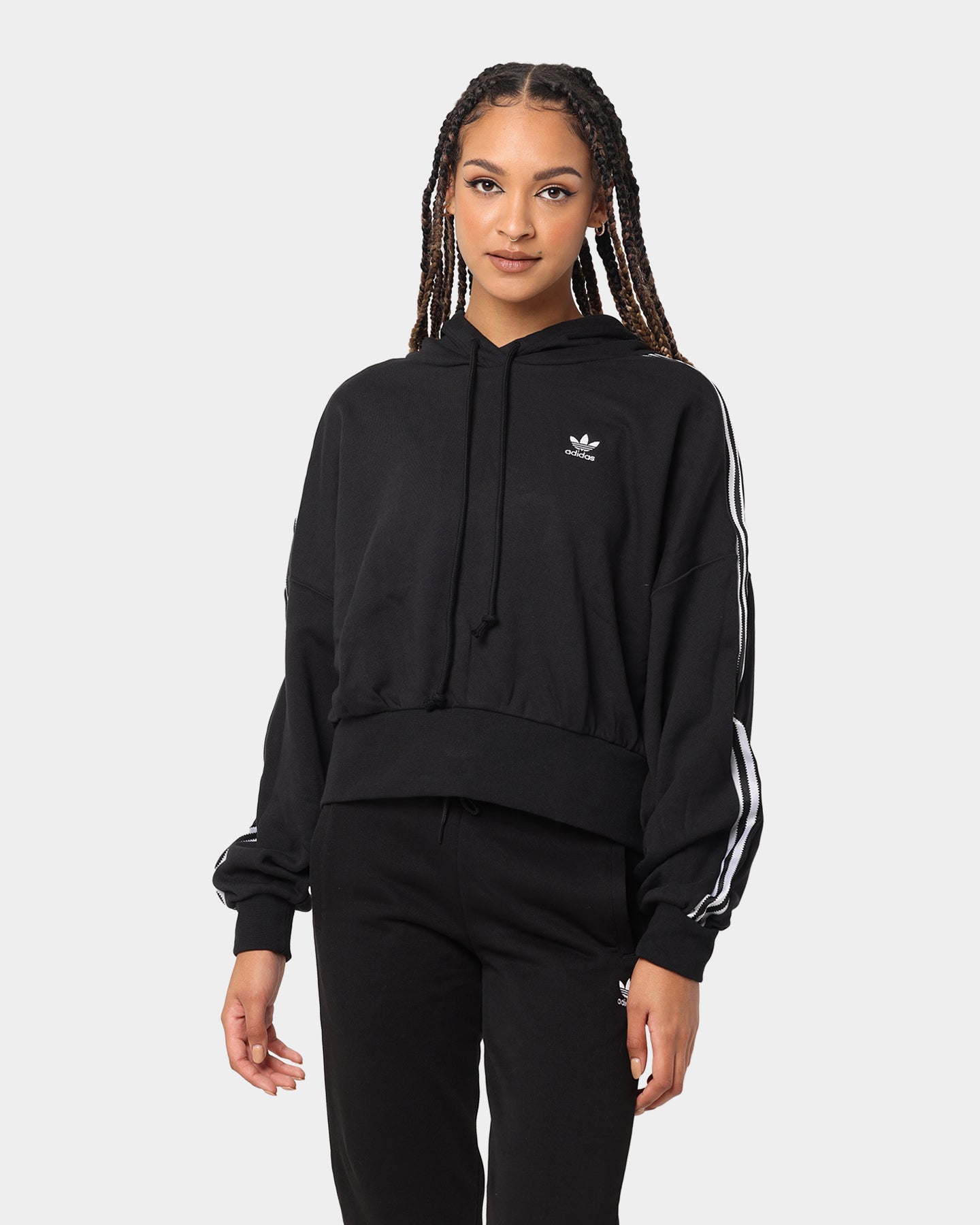 Adidas Women's Satin Stripe Hoodie - Black Pullover Sweatshirt for Casual Wear, Gym & Street Style Fashion