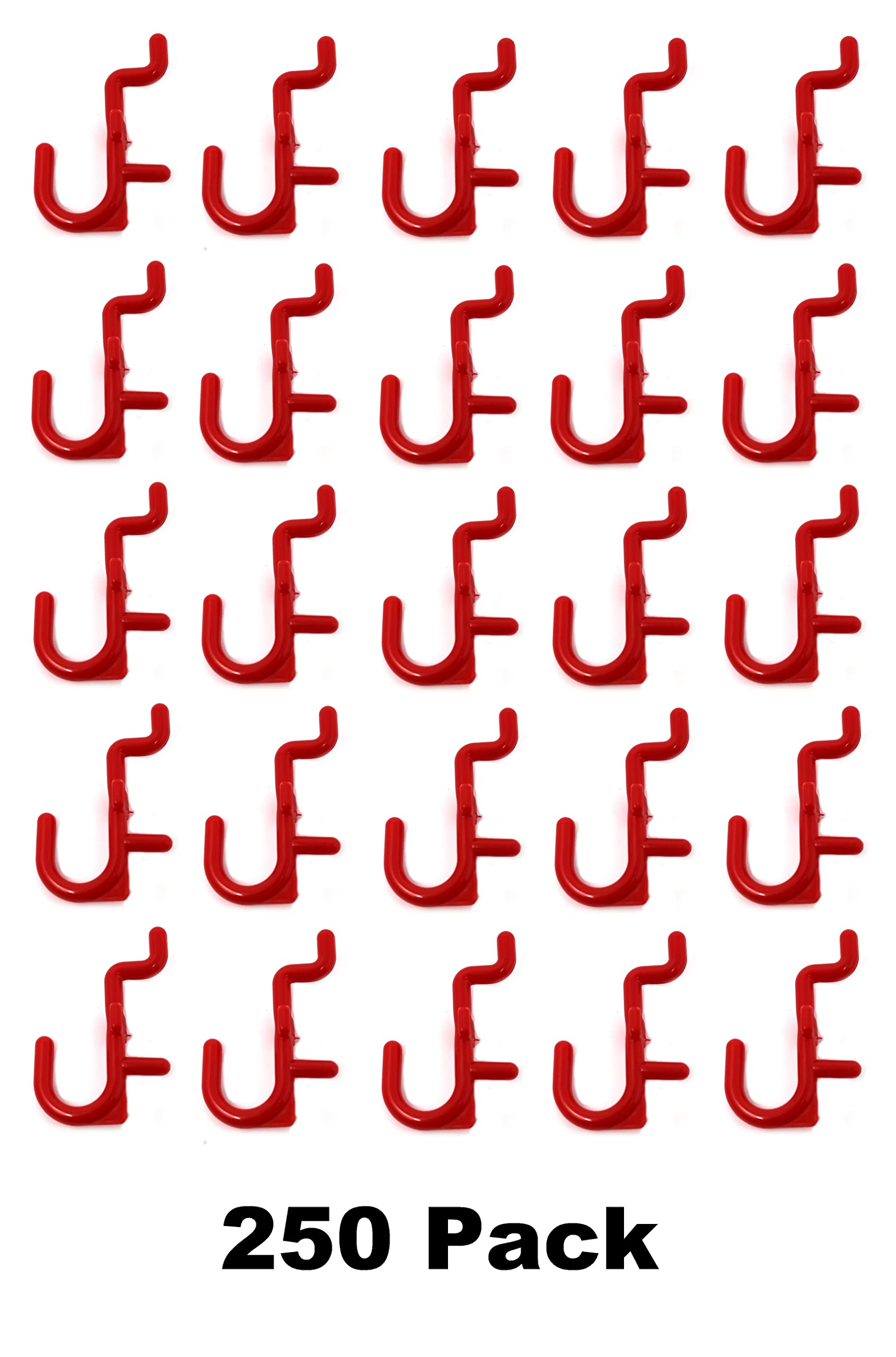 JSP Manufacturing Pegboard Hooks - 250-Pack Non-Locking Plastic J-Style Hooks for Garage Tool Storage, Craft Organization & Pegboard Accessories (Red) | Perfect for Workshop, Garage & DIY Projects
