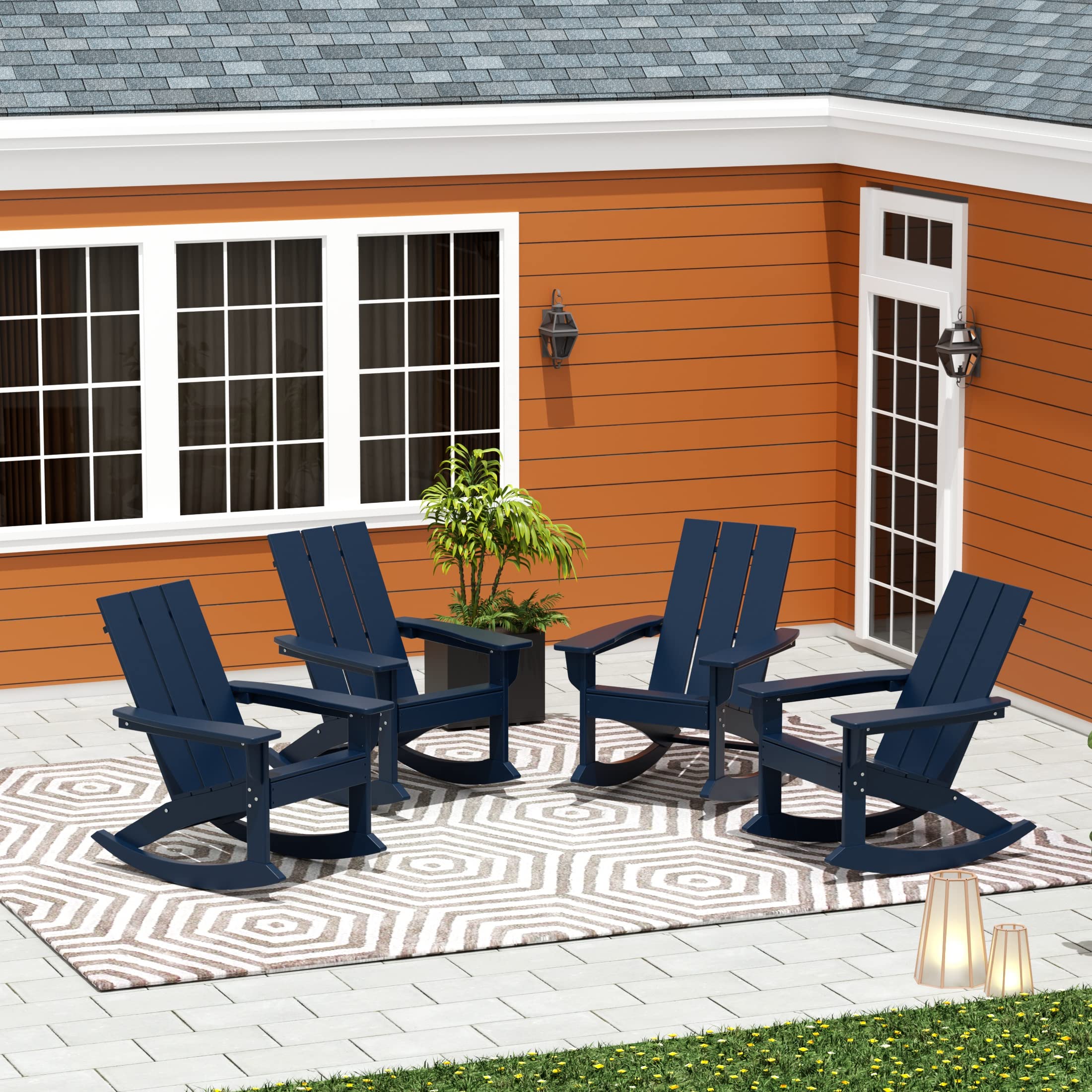 WO Home Furniture 4-Piece Patio Rocking Chair Set - Modern Outdoor HDPE UV-Resistant Rocking Chairs (Navy Blue) for Garden, Porch, Deck & Backyard Relaxation