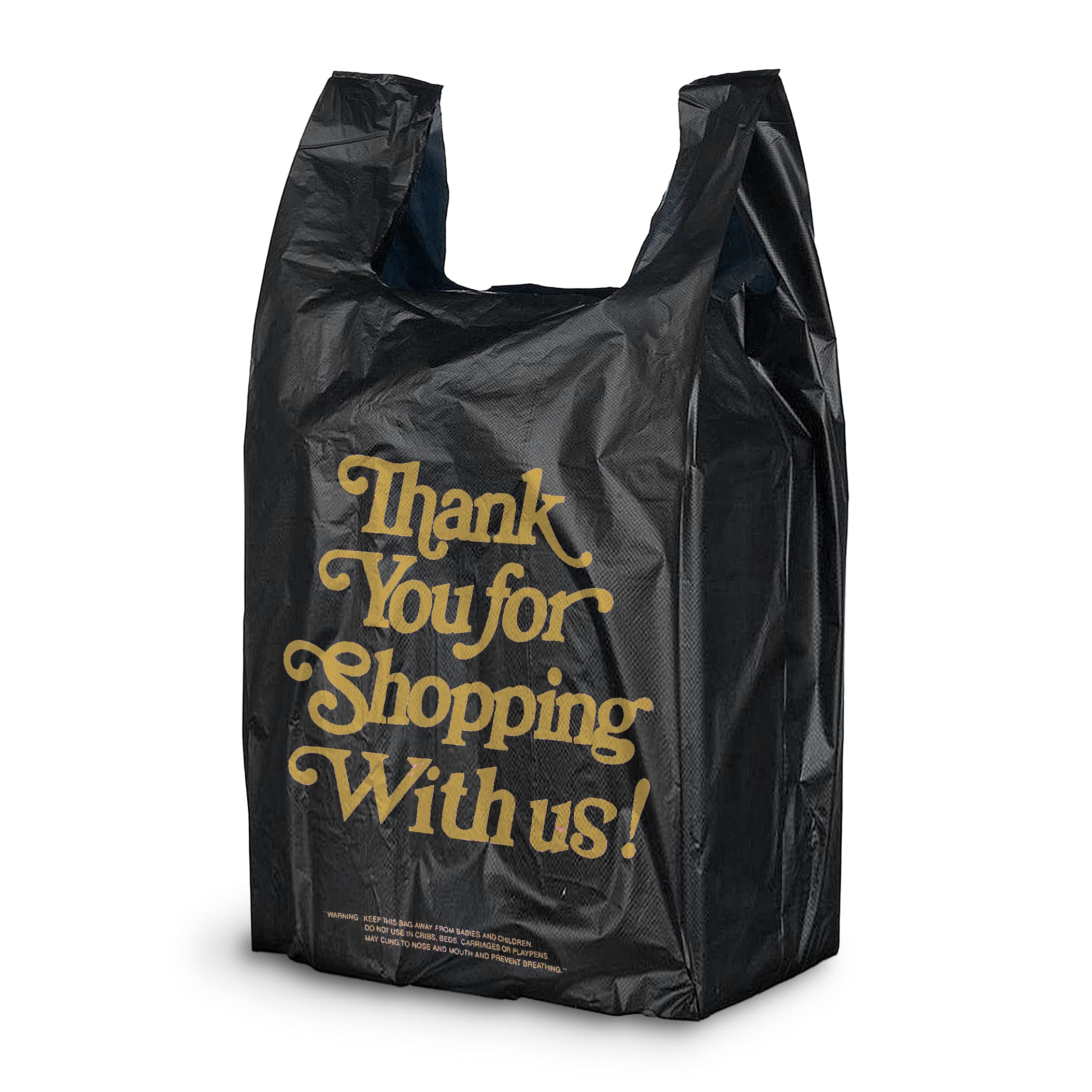 APQ 700 Pack Thank You Plastic Bags 12x6x22 Inches - 18 Micron Thick Black T-Shirt Carry Out Bags | Preprinted Durable Poly Shopping Bags for Retail Stores, Restaurants & Clothing Boutiques | Perfect for Takeout Orders, Gift Packaging & Customer Purchases