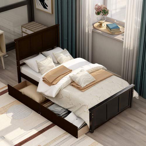 Platform Storage Bed with 2 Rolling Drawers - Twin Size Bed Frame in Espresso Finish | Space-Saving Bedroom Solution for Small Rooms & Dormitories