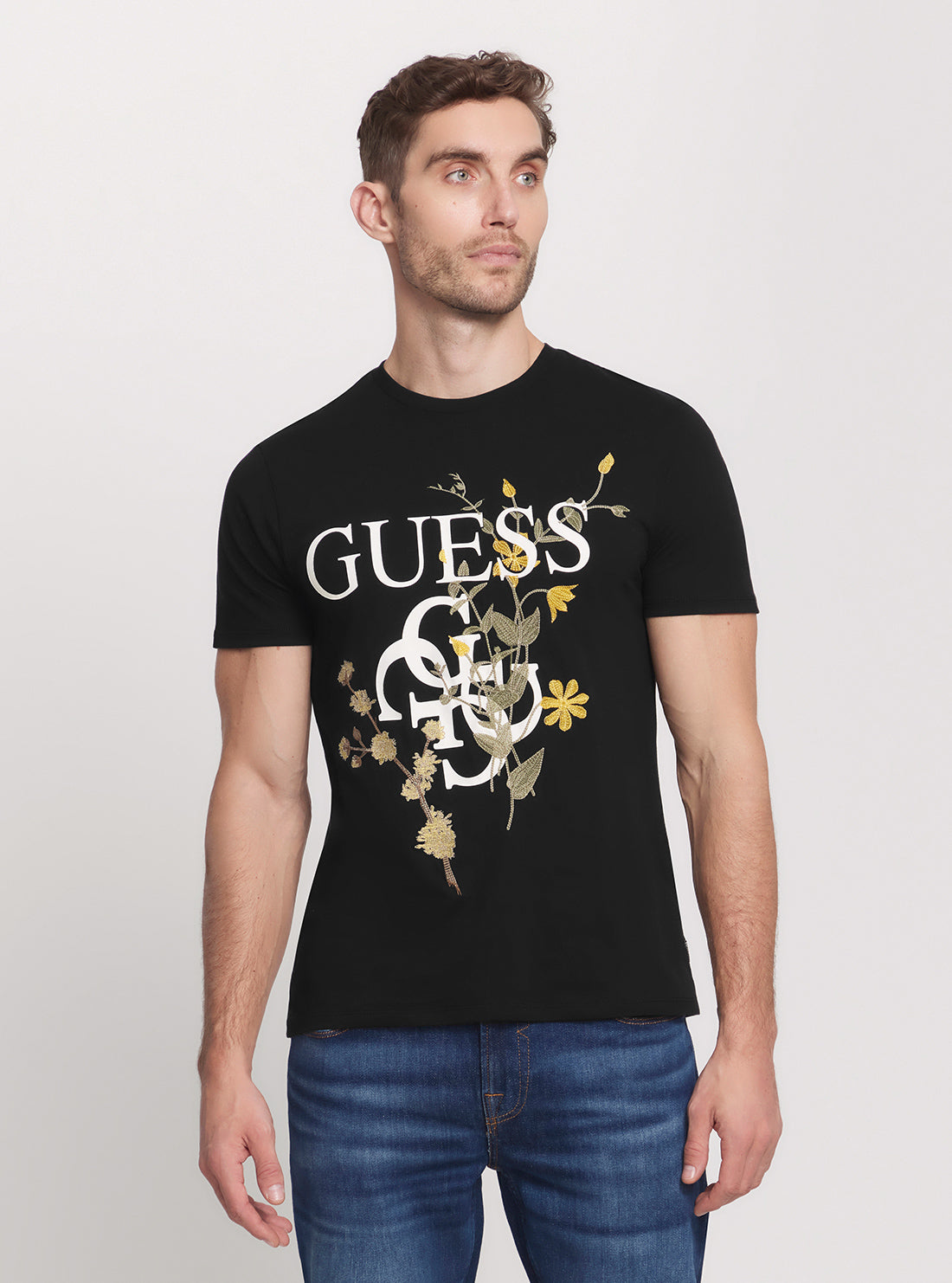 Black Quatro G Logo Floral Print T-Shirt for Men - Trendy Graphic Tee for Casual Wear, Street Style & Summer Outfits