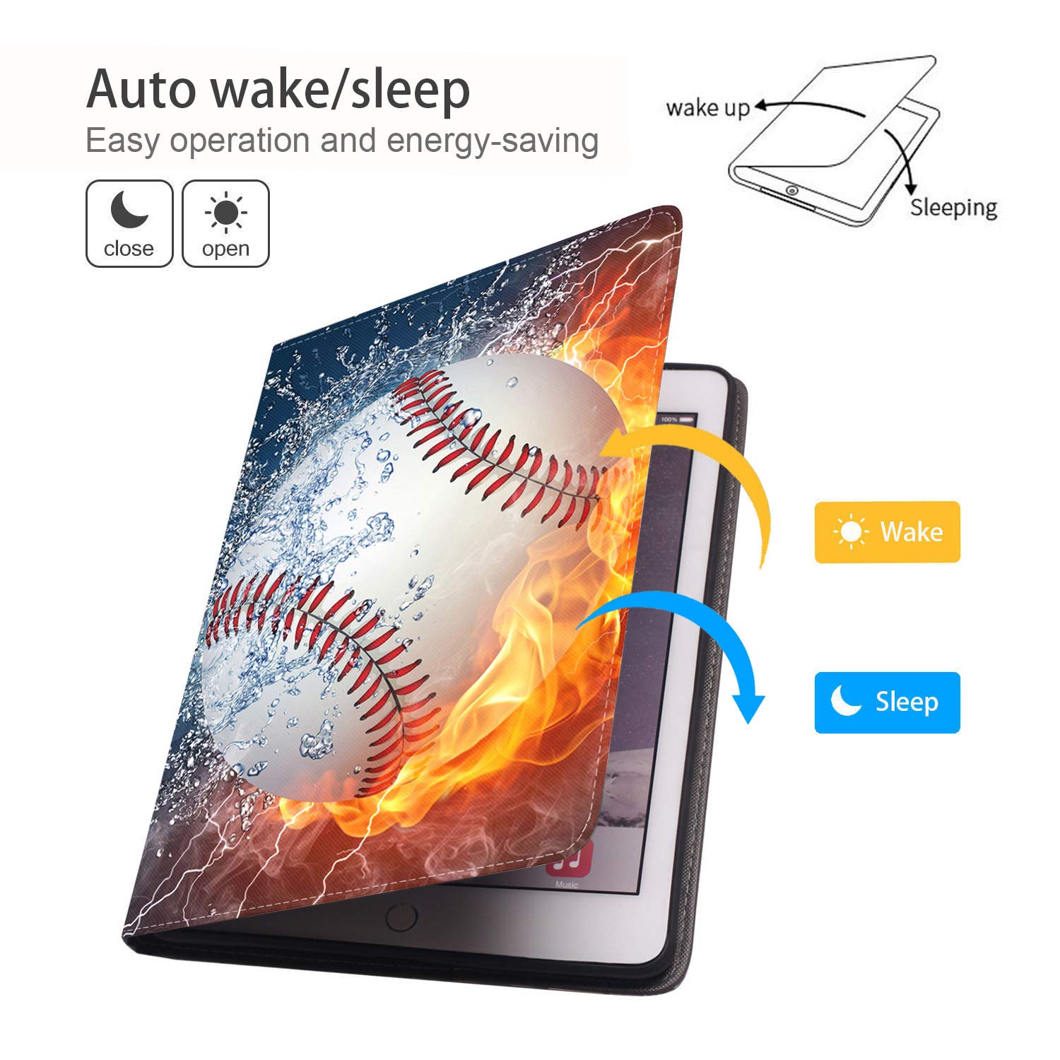 Premium PU Leather Folio Case with Auto Wake/Sleep for iPad 9.7 (2017/2018), iPad Air/Air 2 (6th/5th Gen) - Burning Baseball Fire & Water Design - Includes Coaster Set - Perfect for Work, Travel & Home Use