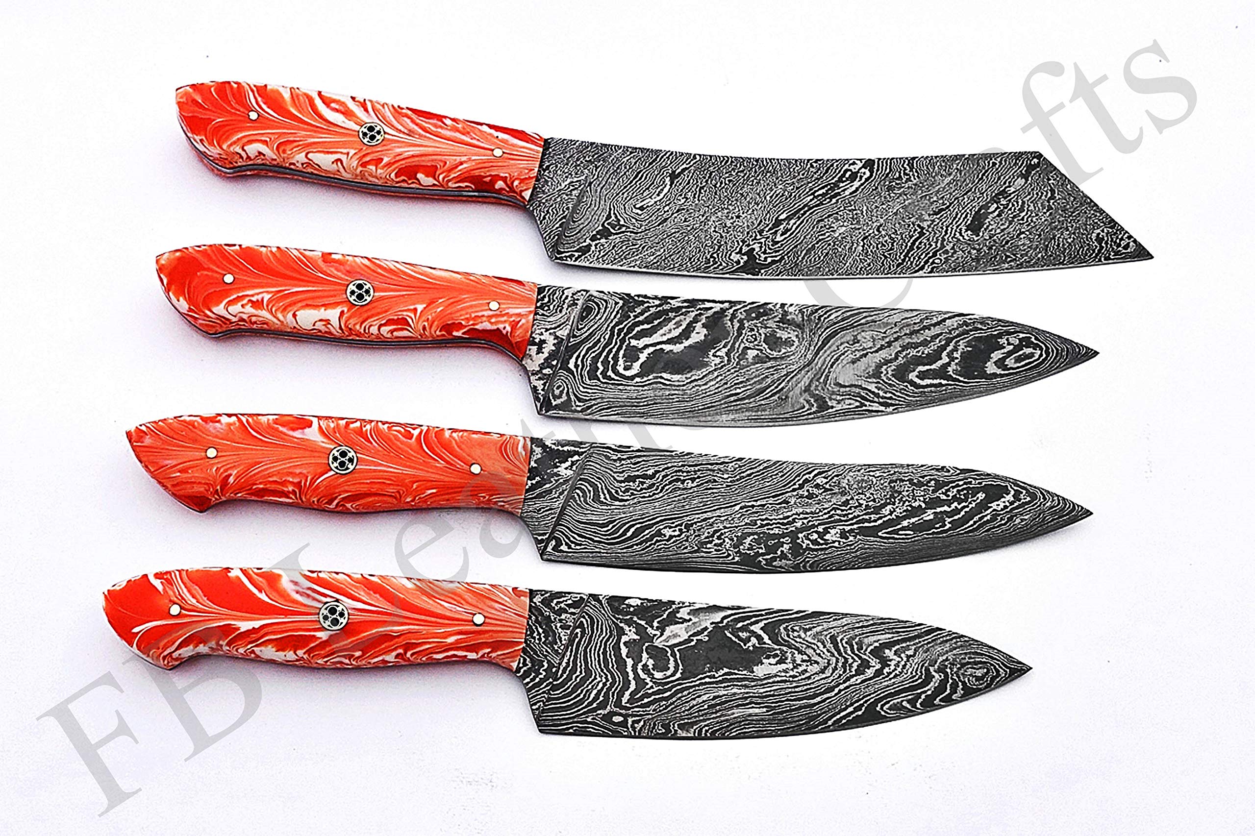 Premium Damascus Steel Chef Knife Set - 4-Piece Custom Kitchen Knives with Orange & White Resin Handles (FBK-1016 & 1067) - Perfect for Professional Chefs & Home Cooking Enthusiasts