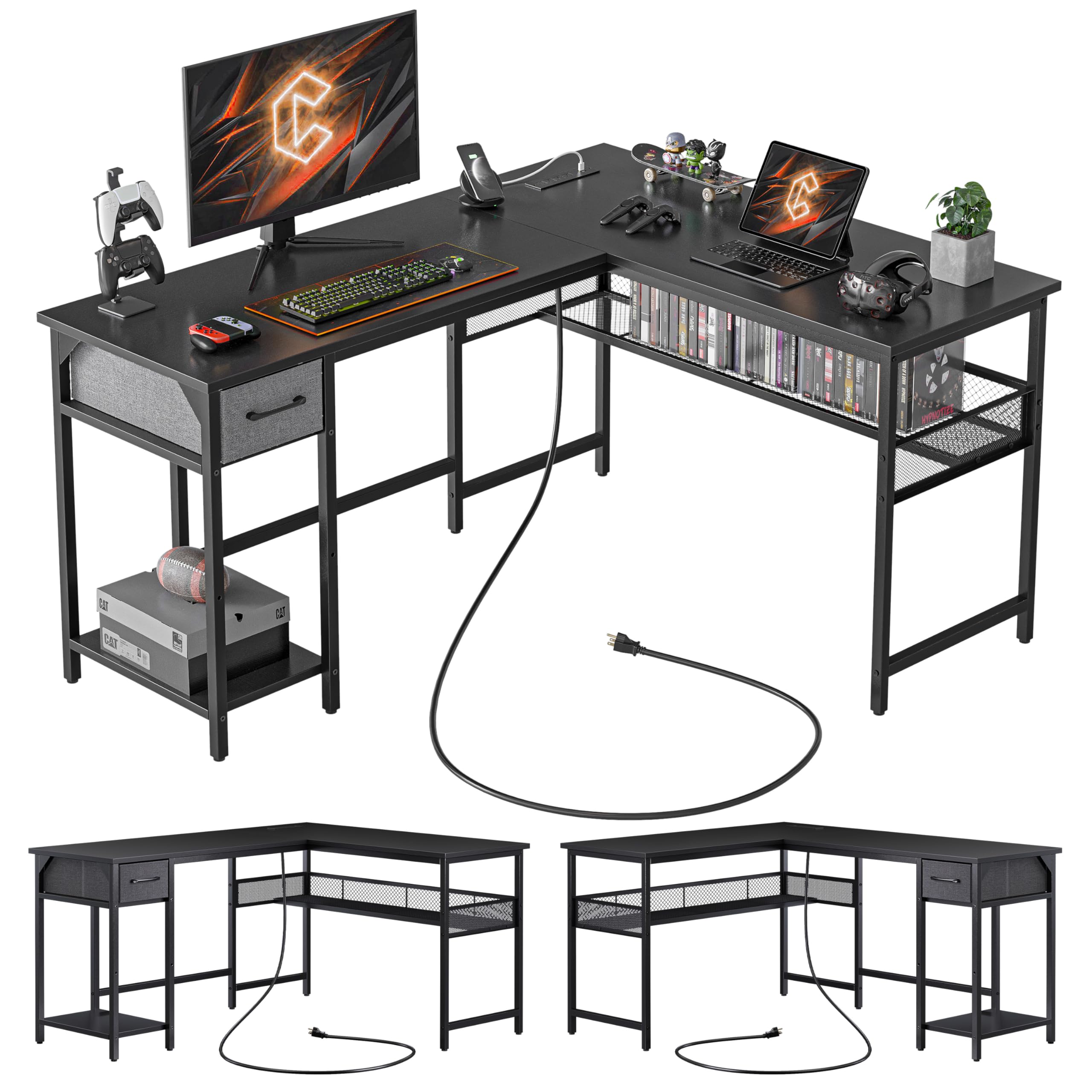 CubiCubi 58 Inch L-Shaped Gaming Desk with Power Outlets & USB Ports - Large Corner Computer Desk with Storage Shelves, Drawer & Bookshelf for Home Office - Black | Perfect for Gaming Setup & Workstation