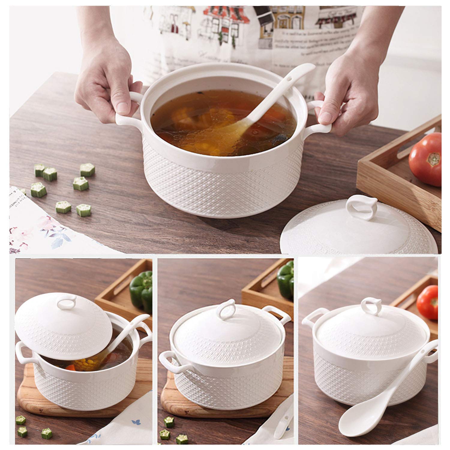 BAKOUSTAR 7-Inch Double Handle Pure White Ceramic Soup Tureen with Lid - Heat-Resistant Casserole, Clay Pot & Earthen Cookware for Serving, Baking & Gifting - Perfect for Soups, Stews, Side Dishes & Dinner Parties