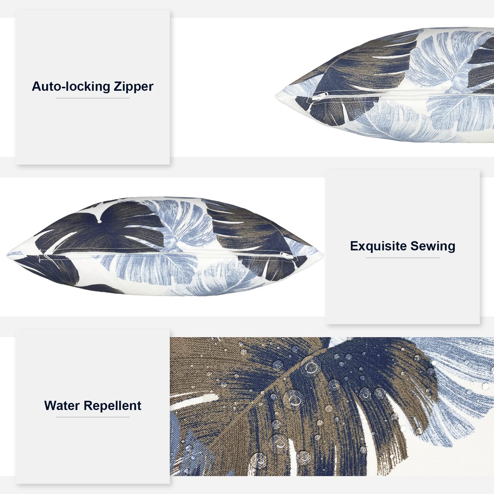 16x16 Inch Waterproof Outdoor Throw Pillows Set of 2 - Monstera Blue Patio Cushions for Garden Furniture, Deck & Porch Decor | All-Weather Home Accessories for Poolside Lounging & Backyard Relaxation
