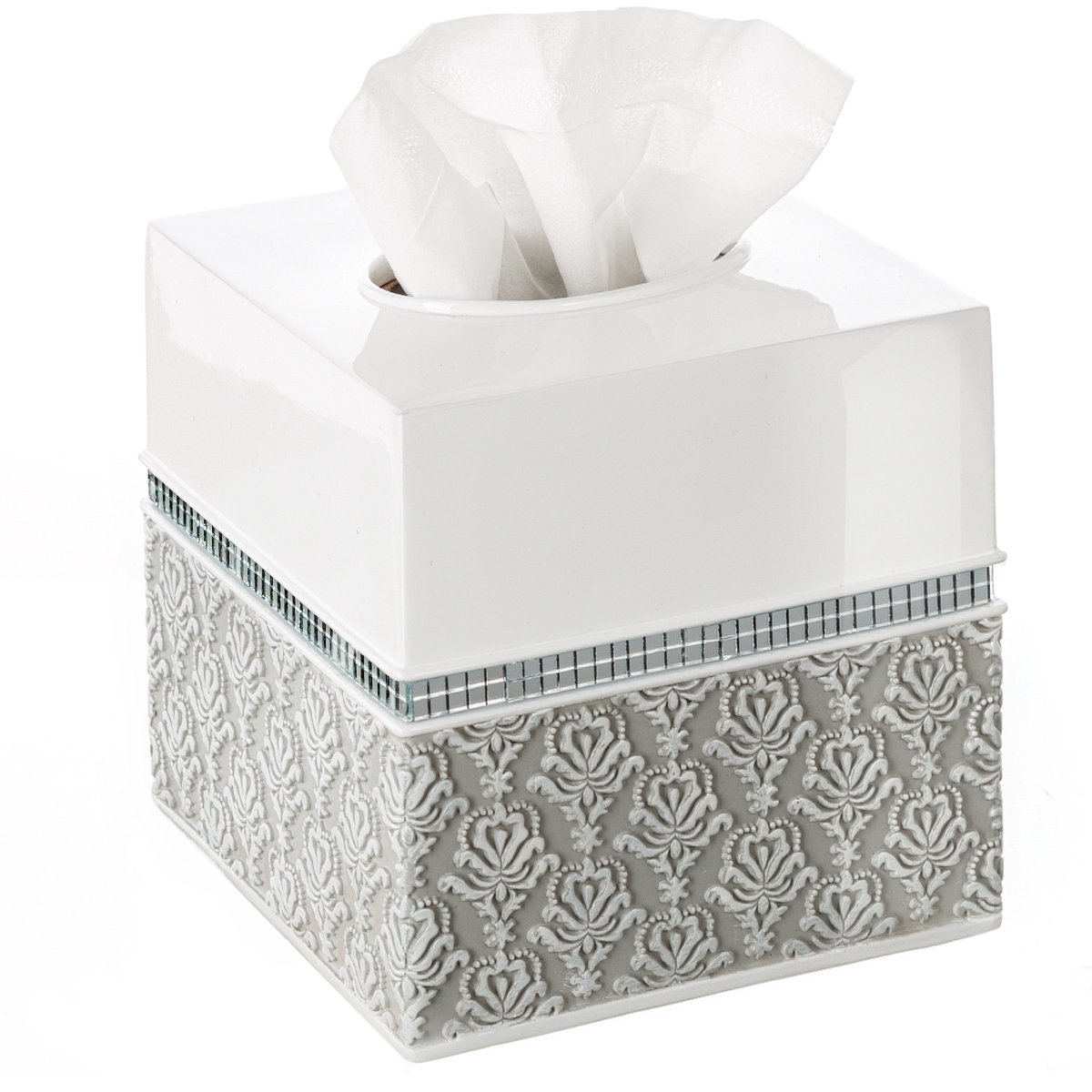 Damask White and Gray 6-Piece Bathroom Accessories Set - Includes Trash Can, Tissue Box Cover, Soap Dispenser, Soap Dish, Toothbrush Holder & Tumbler | Elegant Bathroom Decor for Modern Homes, Guest Bathrooms & Spa-Style Retreats