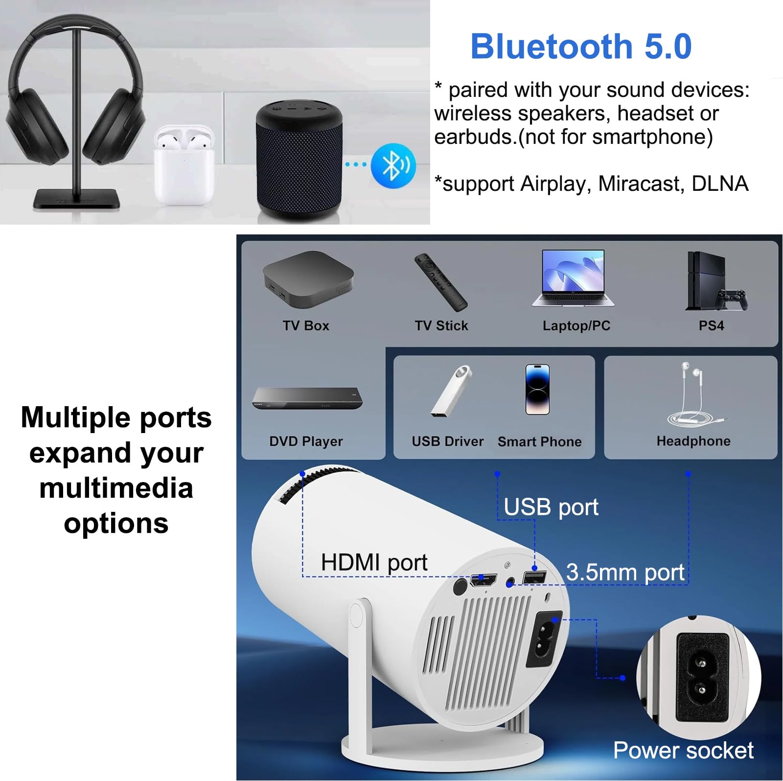 4K Portable Mini Projector with WiFi & Bluetooth - Auto Keystone, HD Projector for Outdoor Movies, Home Theater & Gaming - Compatible with Android, iPhone, Laptop, TV, Fire Stick via HDMI/USB/AV