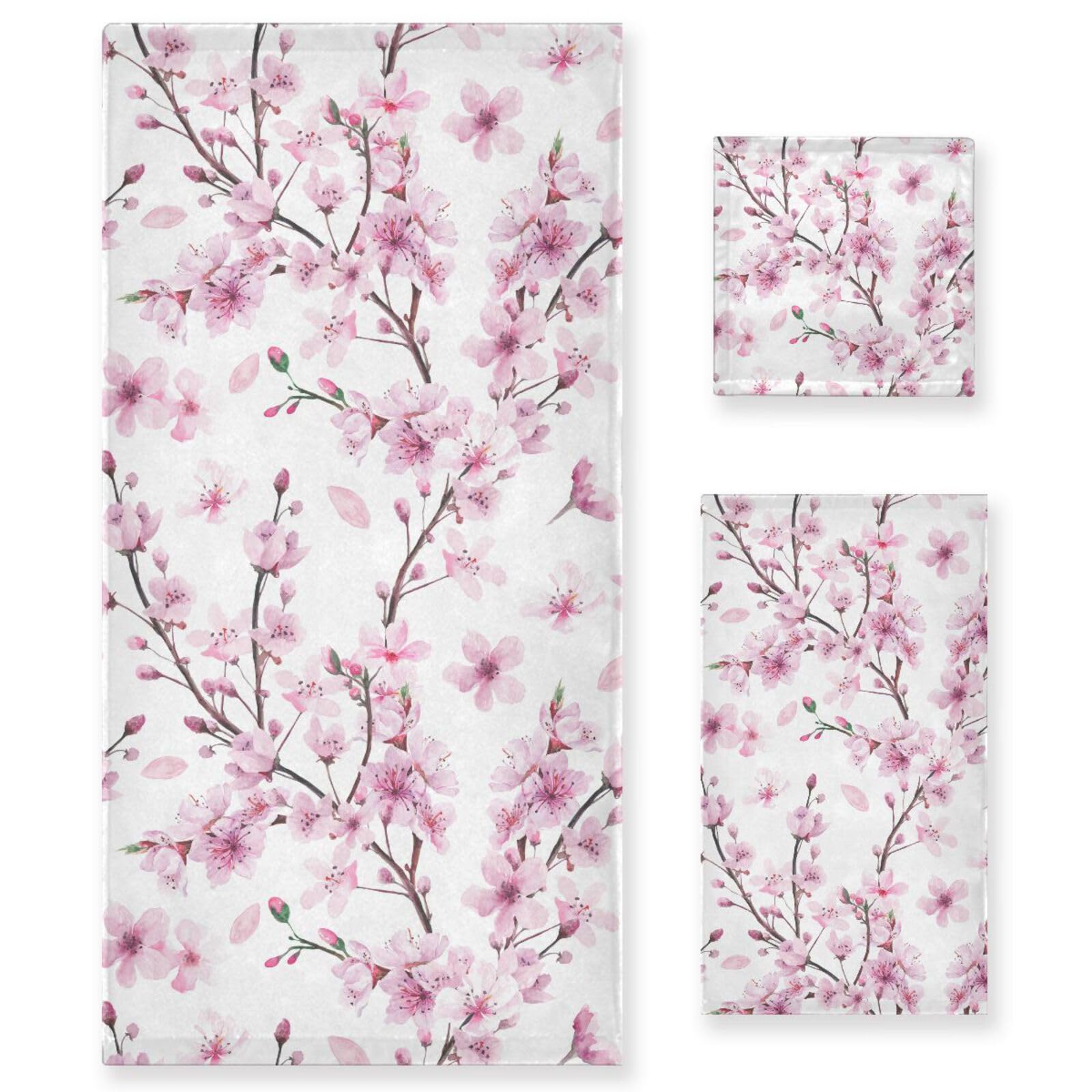 **Premium Cherry Blossom Towel Set of 3 – Soft Watercolor Pink Floral Sakura Bath & Hand Towels | Highly Absorbent, Quick-Dry for Bathroom, Guest & Spa Use | Elegant Home Decor**