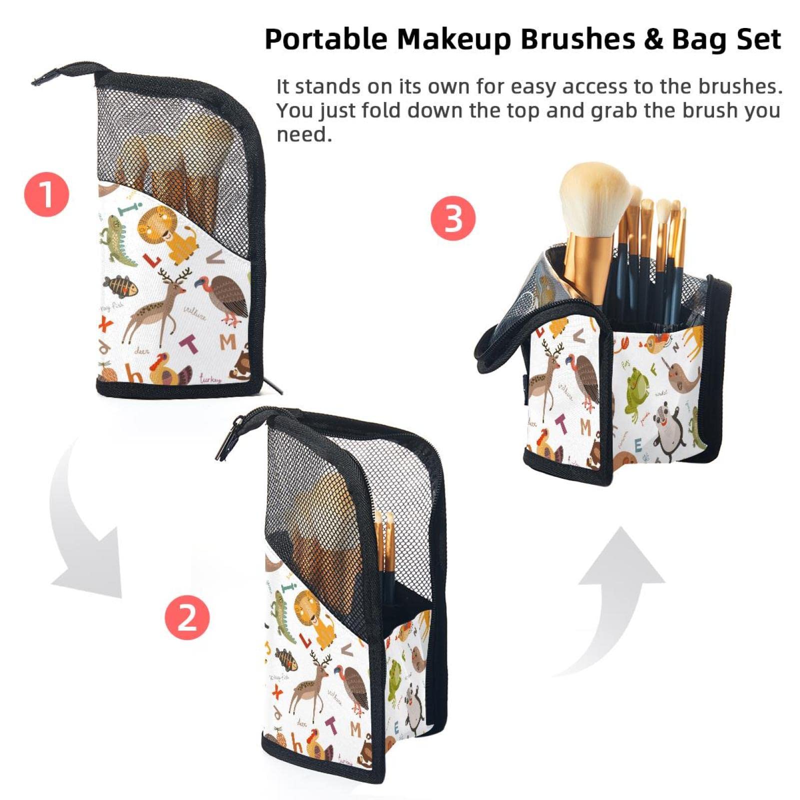 12-Piece Makeup Brush Organizer Bag - Zoo Cartoon Animal Design, Portable Makeup Brush Holder Case for Travel & Home Storage