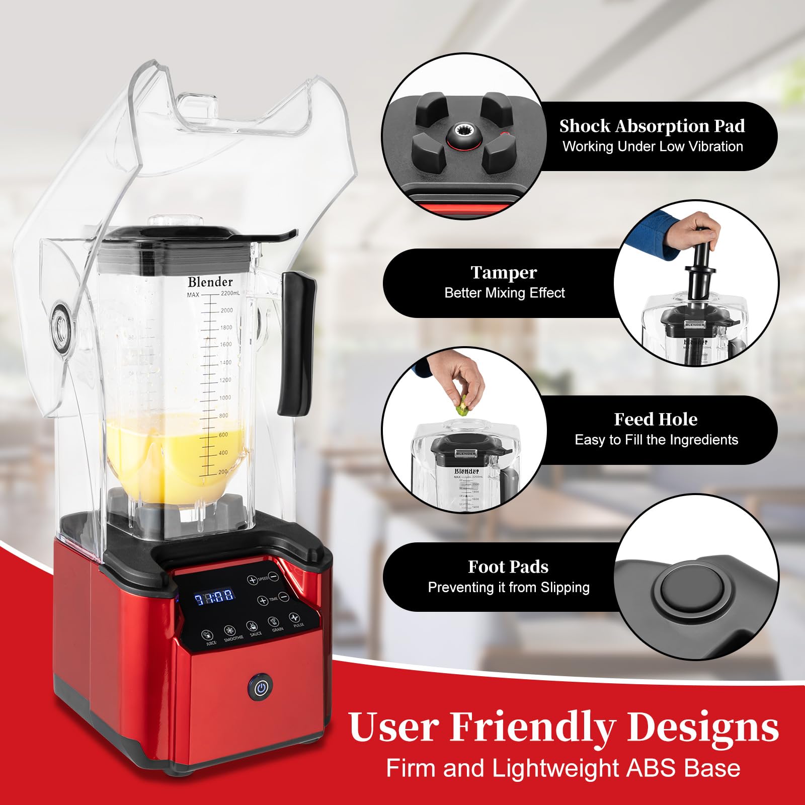 2.2L Commercial Blender with Soundproof Cover - 2200W High-Power Smoothie Maker & Fruit Juicer for Restaurants, Bars, and Home Kitchens - Red (Ideal for Smoothies, Juices, and Frozen Drinks)