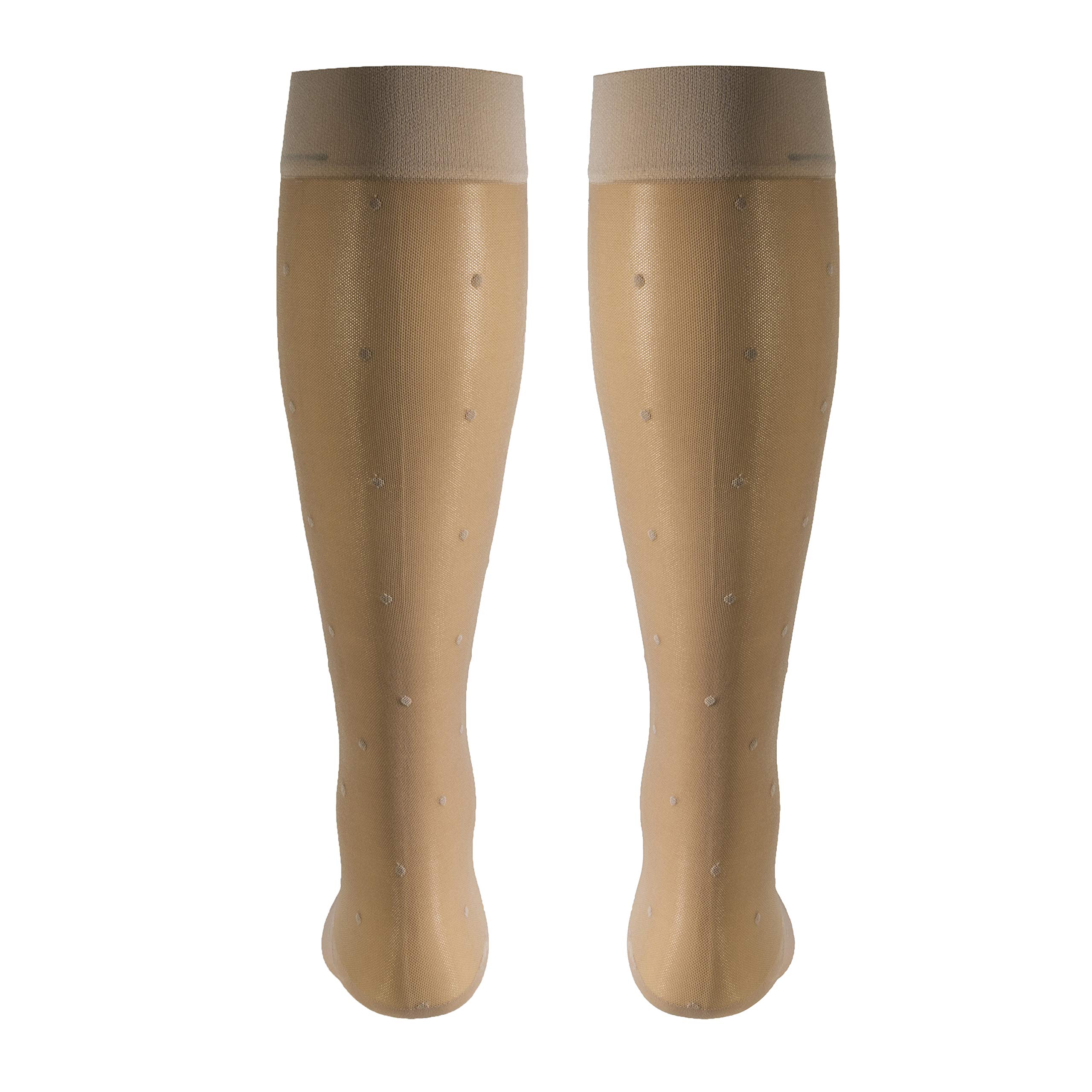 Truform Sheer Compression Stockings 15-20 mmHg - Women's Knee High Support Socks with Dot Pattern in Nude (Large) - Perfect for Travel, Work & Varicose Vein Relief