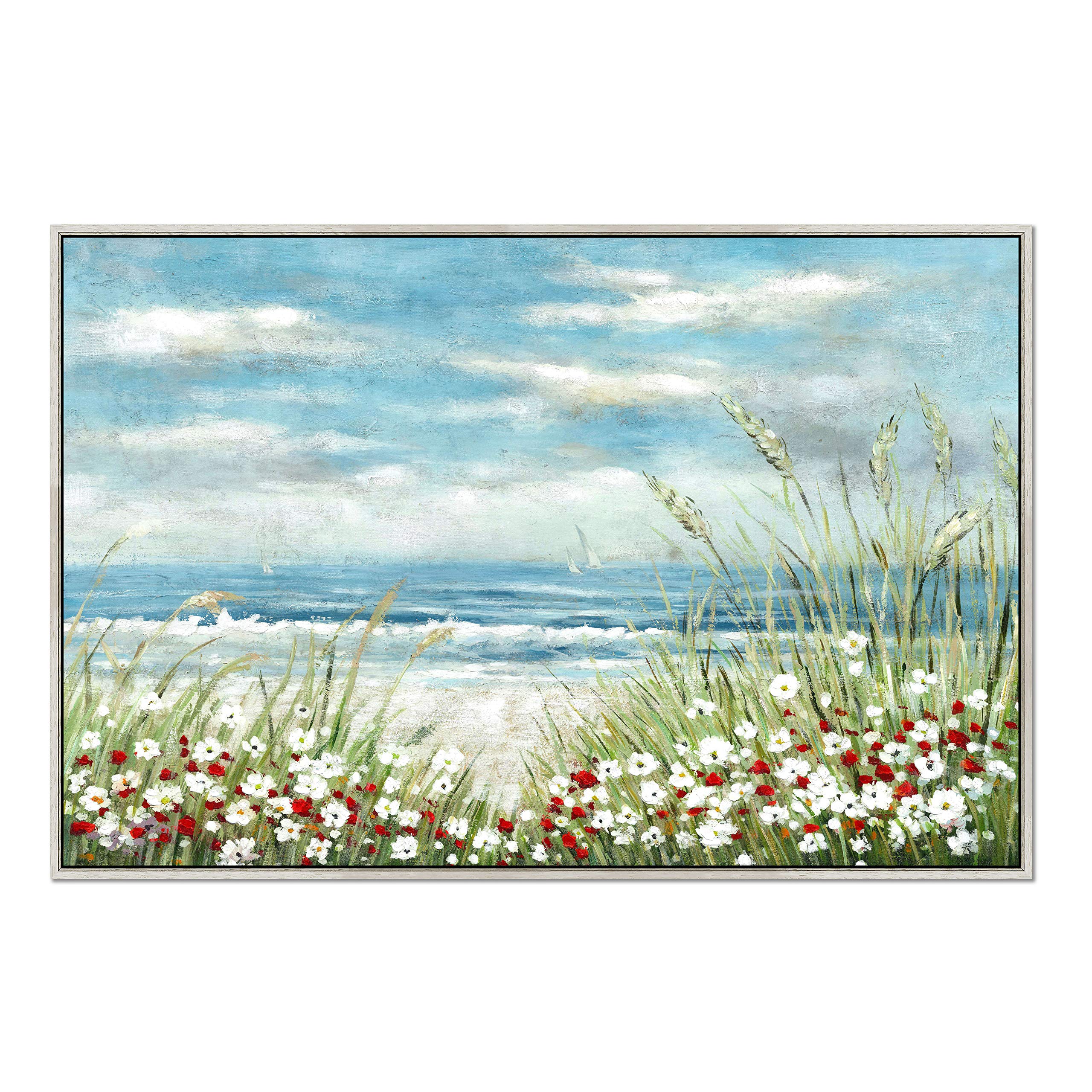 Hand Painted Coastal Wall Art - Heavy Textured Beach Painting, Seascape Framed Artwork for Living Room Decor (45”x30”x1 Panel) | Perfect for Beach House, Coastal Home & Ocean Themed Interior Design