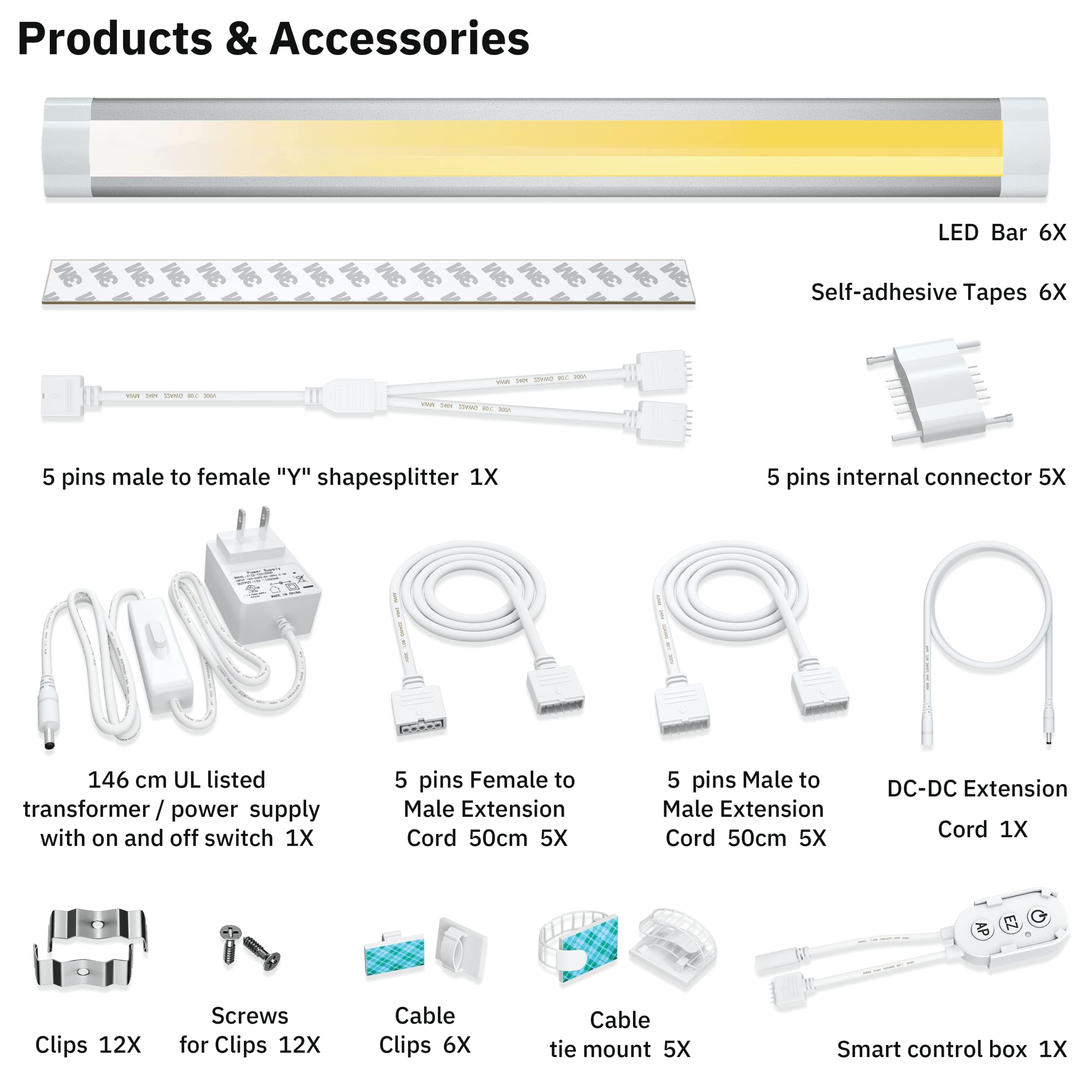 Smart LED Under Cabinet Lighting Dimmable Strip Lights - 6 Pack, Warm/Daylight/Cool White Adjustable, Alexa & Google Assistant Compatible, Phone App Control - Perfect for Kitchen, Cupboard, Shelf, Countertop, and Closet Lighting