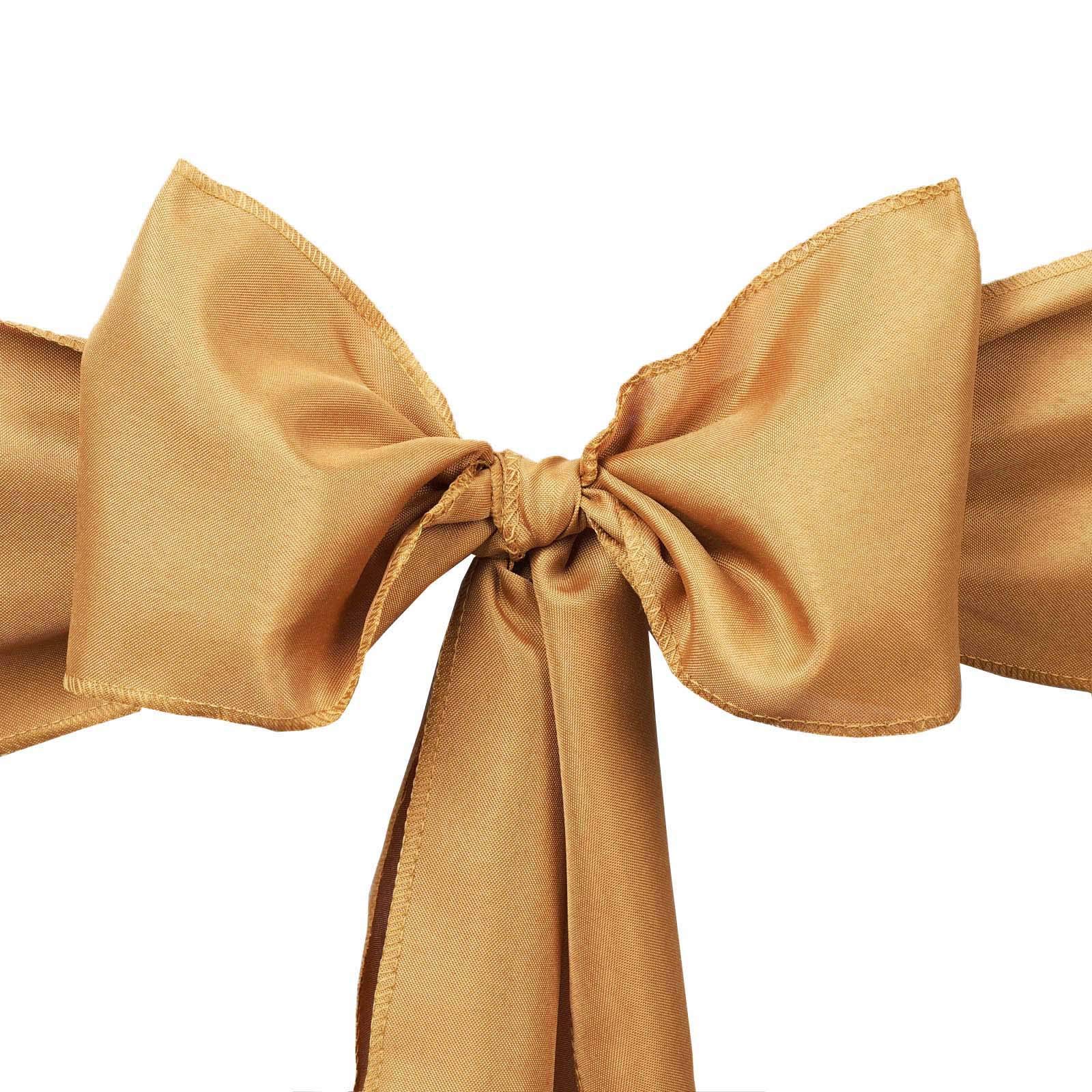 10 Gold Polyester Chair Sashes Bows for Wedding Decor - Elegant Reception Party Ceremony Chair Ties - Bulk Wholesale Supplies for Banquet, Bridal Shower & Special Events