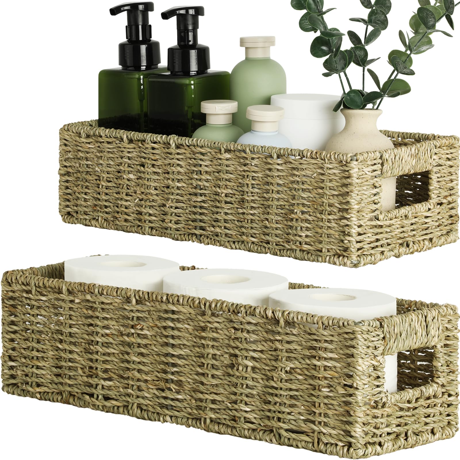 Seagrass Woven Narrow Basket Set of 2 - Natural Toilet Paper Holder & Bathroom Organizer for Pantry, Toilet Tank, and Home Storage | Eco-Friendly Storage Solution for Small Spaces
