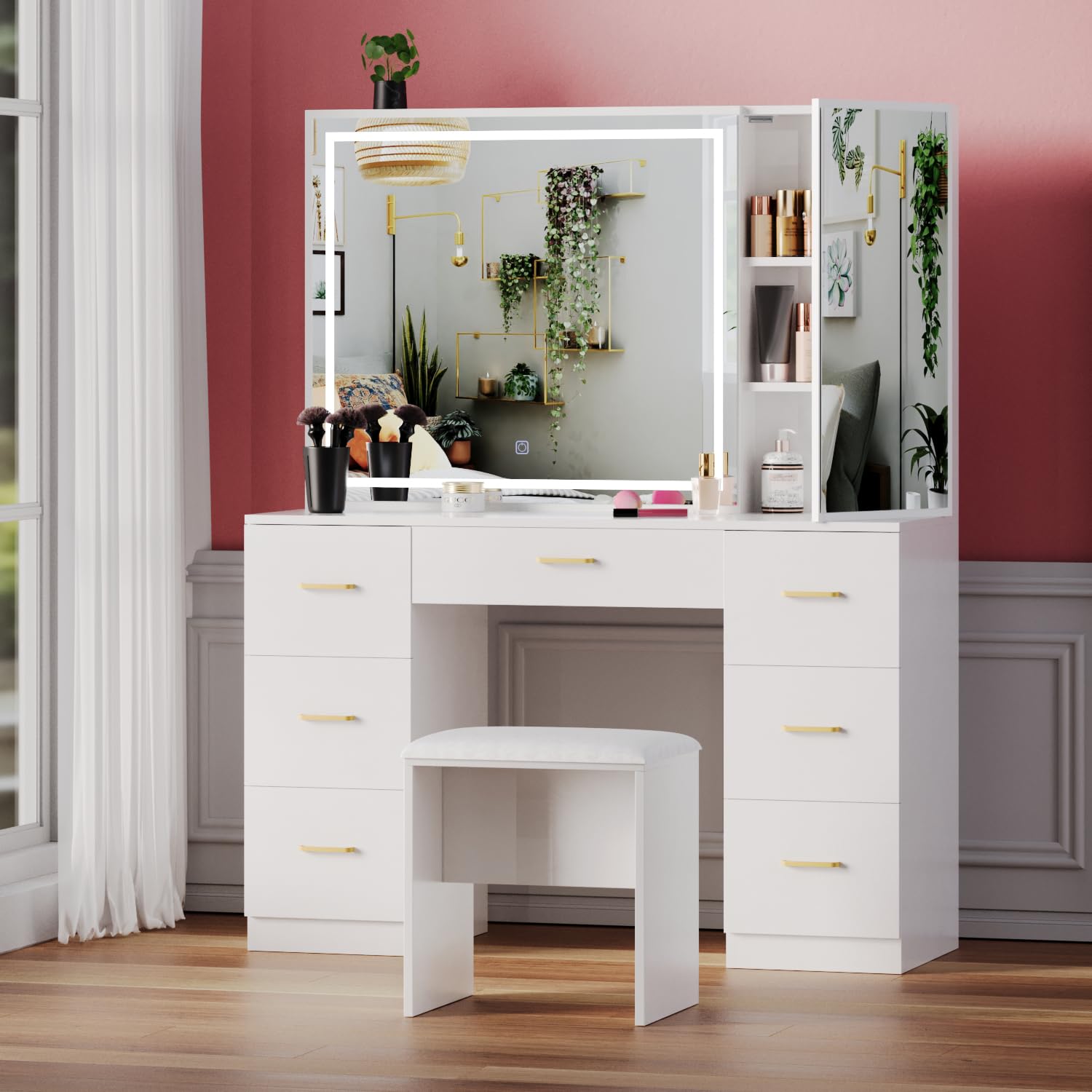 Large Lighted Vanity Desk with Stool - 7-Drawer Makeup Vanity Set with Adjustable Brightness Mirror, White Bedroom Furniture for Women | Perfect for Dressing Room, Bedroom Decor & Makeup Organization