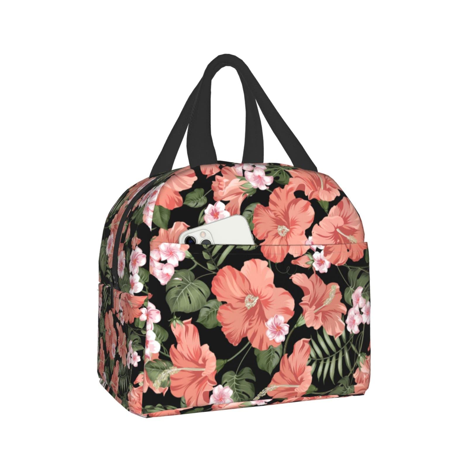 Insulated Lunch Bag with Fancy Flower & Tropical Leaves Design - Reusable Meal Container for Men & Women - Perfect for Work, Travel, Picnic & Outdoor Activities