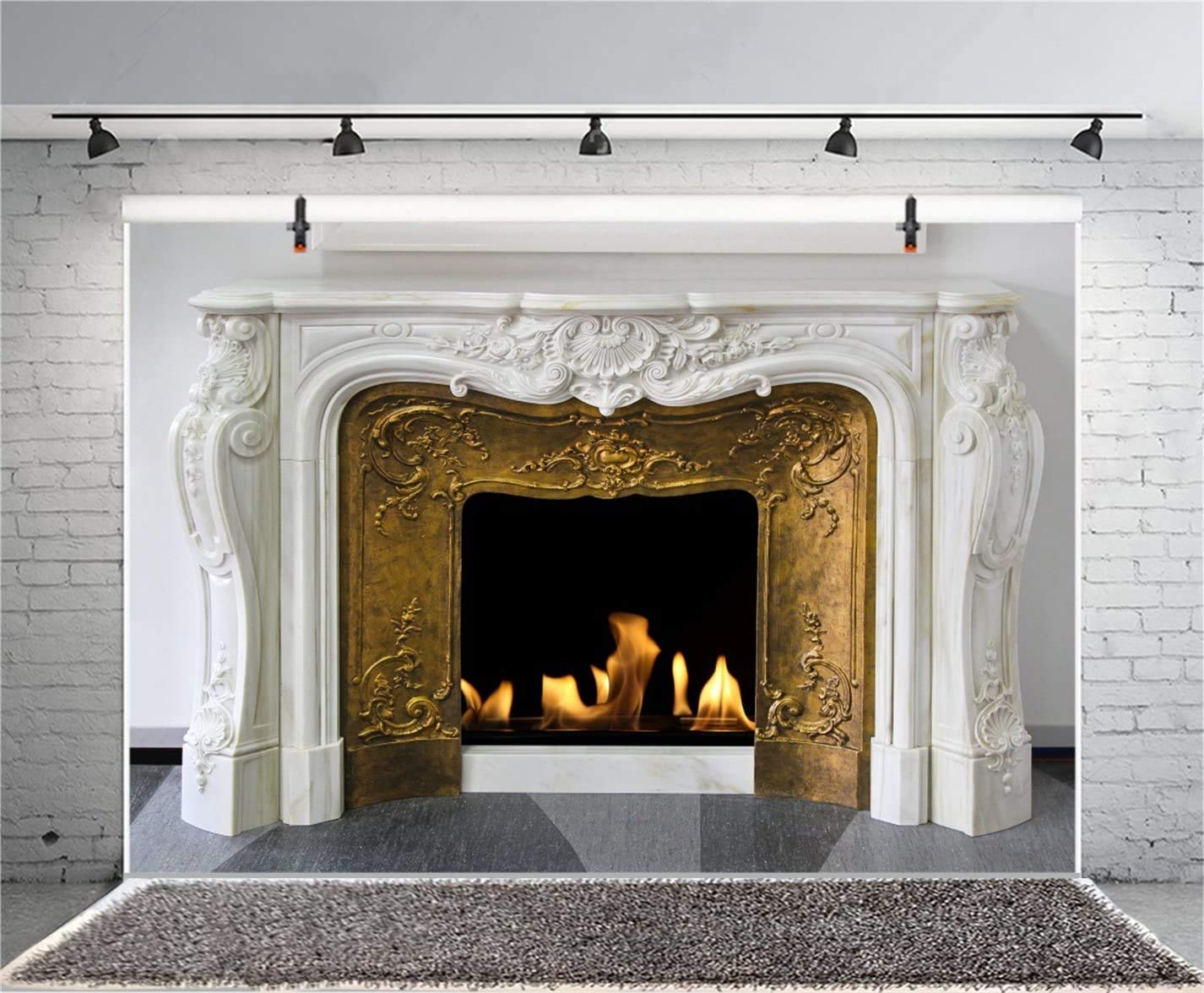 CSFOTO 10x7ft Burning Fireplace Backdrop - White and Gold Classic Fireplace Photography Background for Home Decor, Interior Design, Winter House Photo Wallpaper - Perfect for Holiday Photos, Cozy Living Room Scenes & Christmas Party Decorations