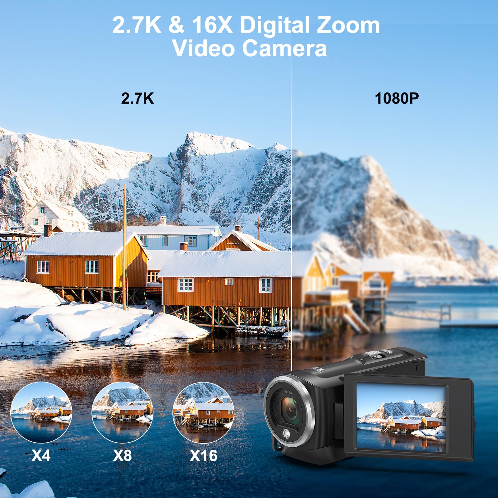 2.7K QHD 50MP Video Camera Camcorder with 16X Zoom & 270° Rotatable 2.8