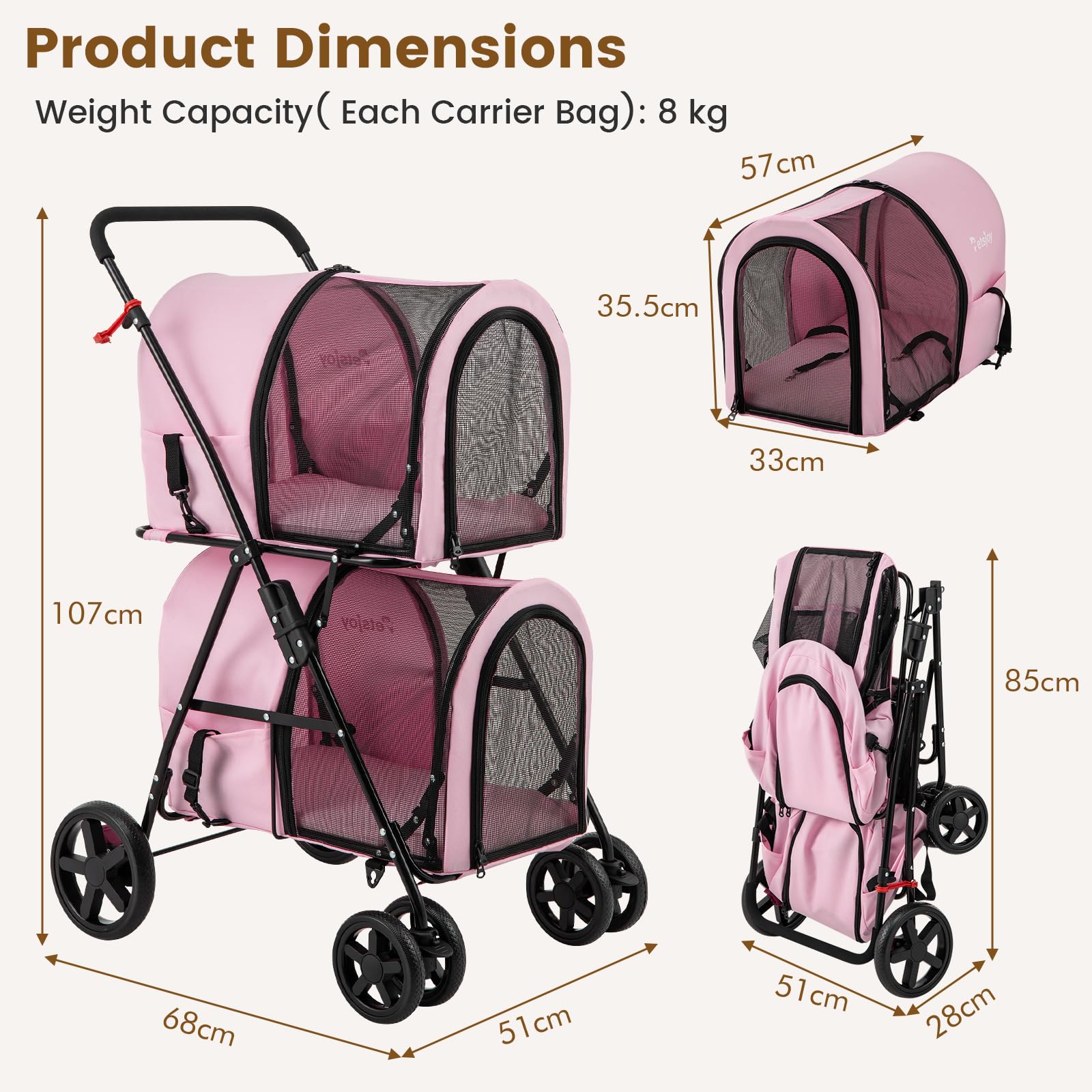 PETSITE Double Dog Stroller - Foldable Pet Carrier for 2 Small/Medium Dogs & Cats with Detachable Wheels - Jogger Stroller Crate for Car Seat, Walking, Camping & Travel - Ideal for Park Visits, Vet Trips & Outdoor Adventures (Pink)