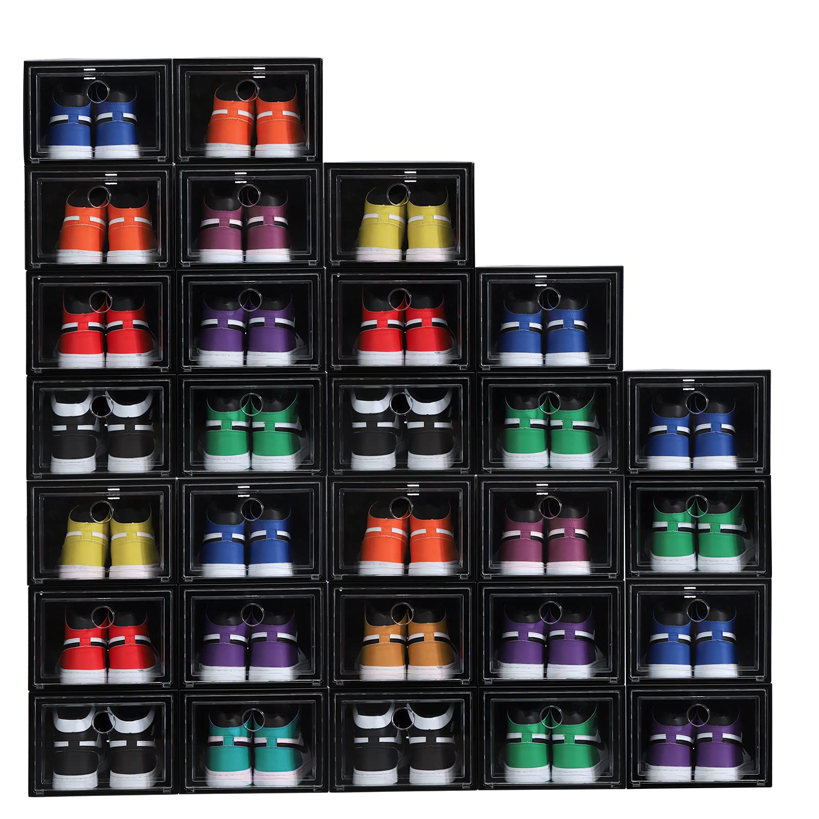 MMBABY 12 Pack Clear Plastic Stackable Shoe Storage Boxes with Drop Front - Foldable Space Saving Shoe Organizer Bins Fit Up to US Men's Size 12 (Black) - Perfect for Closet Organization, Underbed Storage & Small Space Living