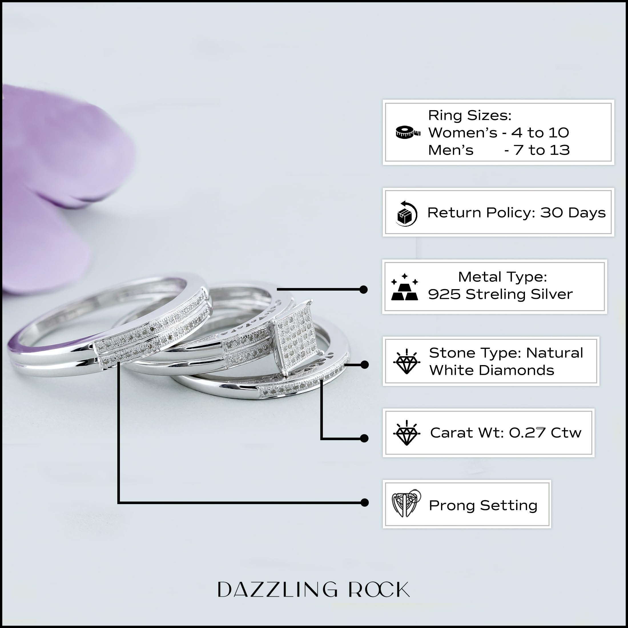 Dazzlingrock 0.27ct Round White Diamond Trio Ring Set in 925 Sterling Silver - Elegant Wedding, Engagement & Anniversary Jewelry Gift for Women