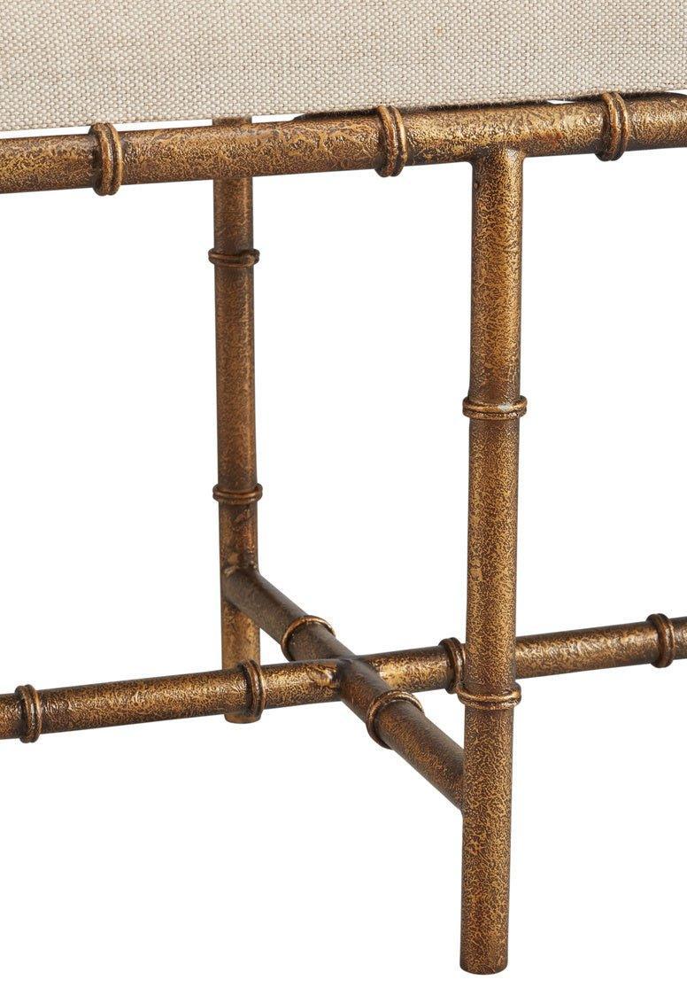 Anubis Iron Faux Bamboo Bench with Gold Finish & Linen Cushion - Modern Entryway, Patio, or Garden Seating Furniture for Home Decor