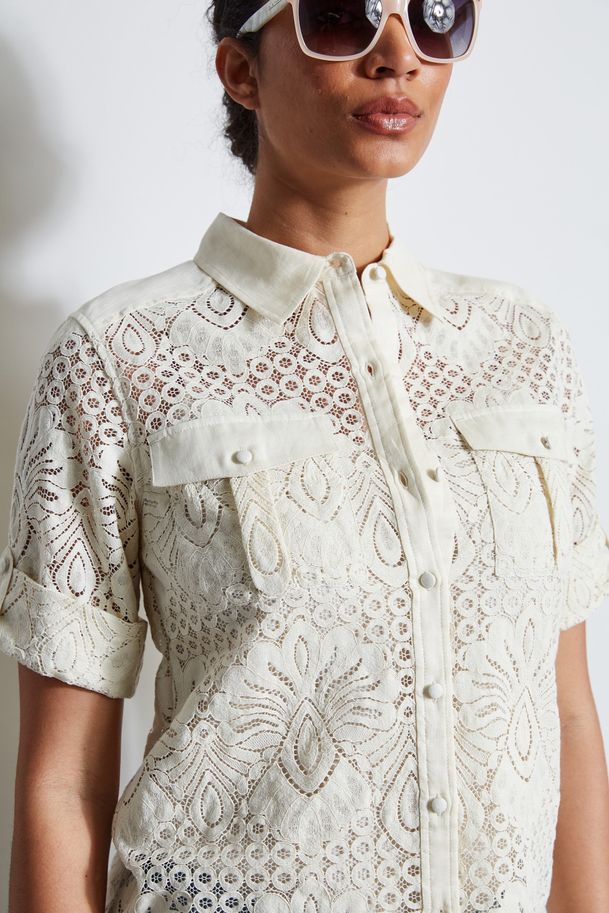 Women's Stylish Short Sleeve Lace Utility Shirt - Casual Summer Top for Outdoors, Work & Everyday Wear