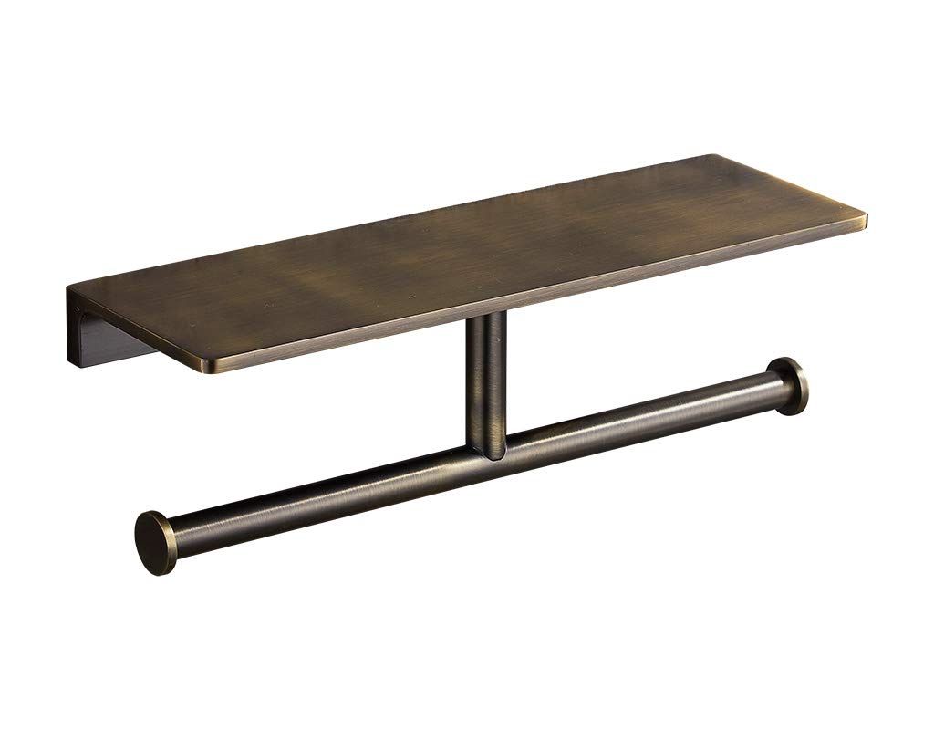 Brushed Bronze Double Toilet Paper Holder with Storage Shelf - Wall Mounted Bathroom Tissue Dispenser for Home & Hotel - Perfect for Small Spaces, Powder Rooms & Luxury Bathrooms
