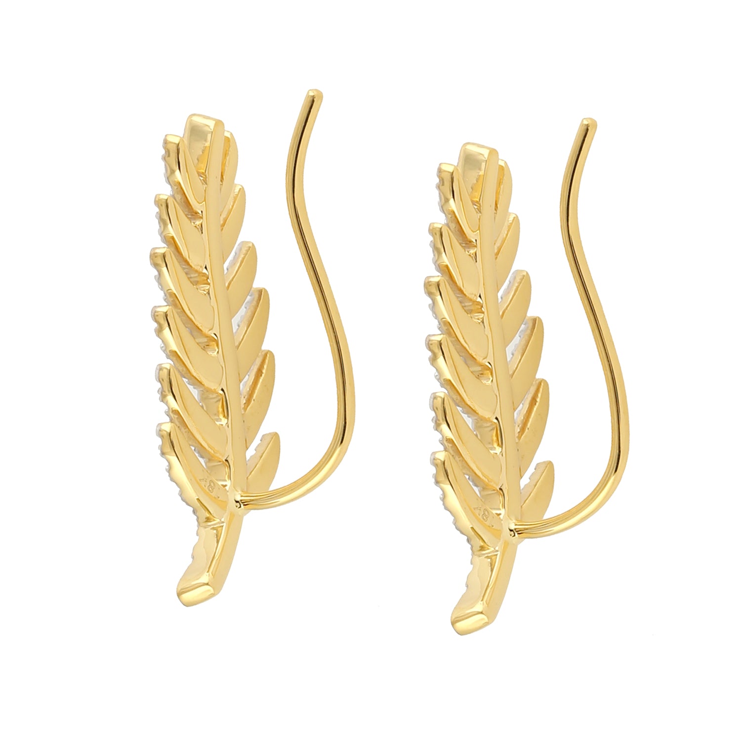 18k Yellow Gold Micro Pave Diamond Feather Ear Climber Earrings for Women - Elegant Dangle Ear Jewelry Gift for Birthday, Anniversary & Special Occasions