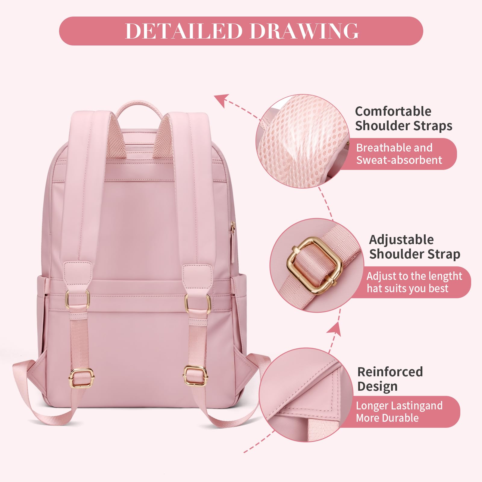 GOLF SUPAGS Women's Laptop Backpack - Stylish Pink 14 Inch Notebook Bag for Work, Travel & College - Lightweight Water-Resistant Daypack with USB Charging Port - Perfect for Commuting, Business Trips & Campus Life