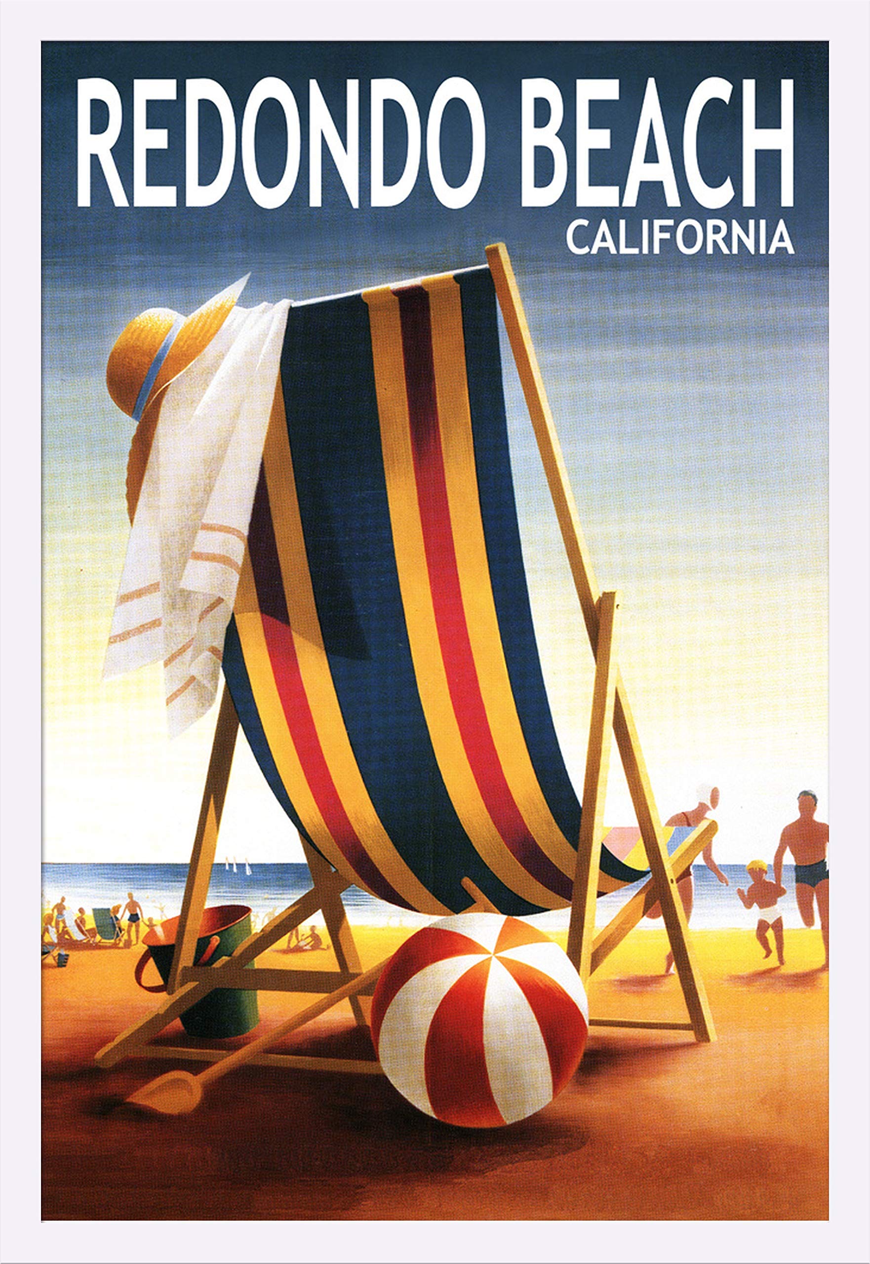 Redondo Beach California Art Print - 24x36 Giclee Gallery Framed Beach Chair & Ball 67745 - White Wood Wall Decor for Living Room, Bedroom or Office