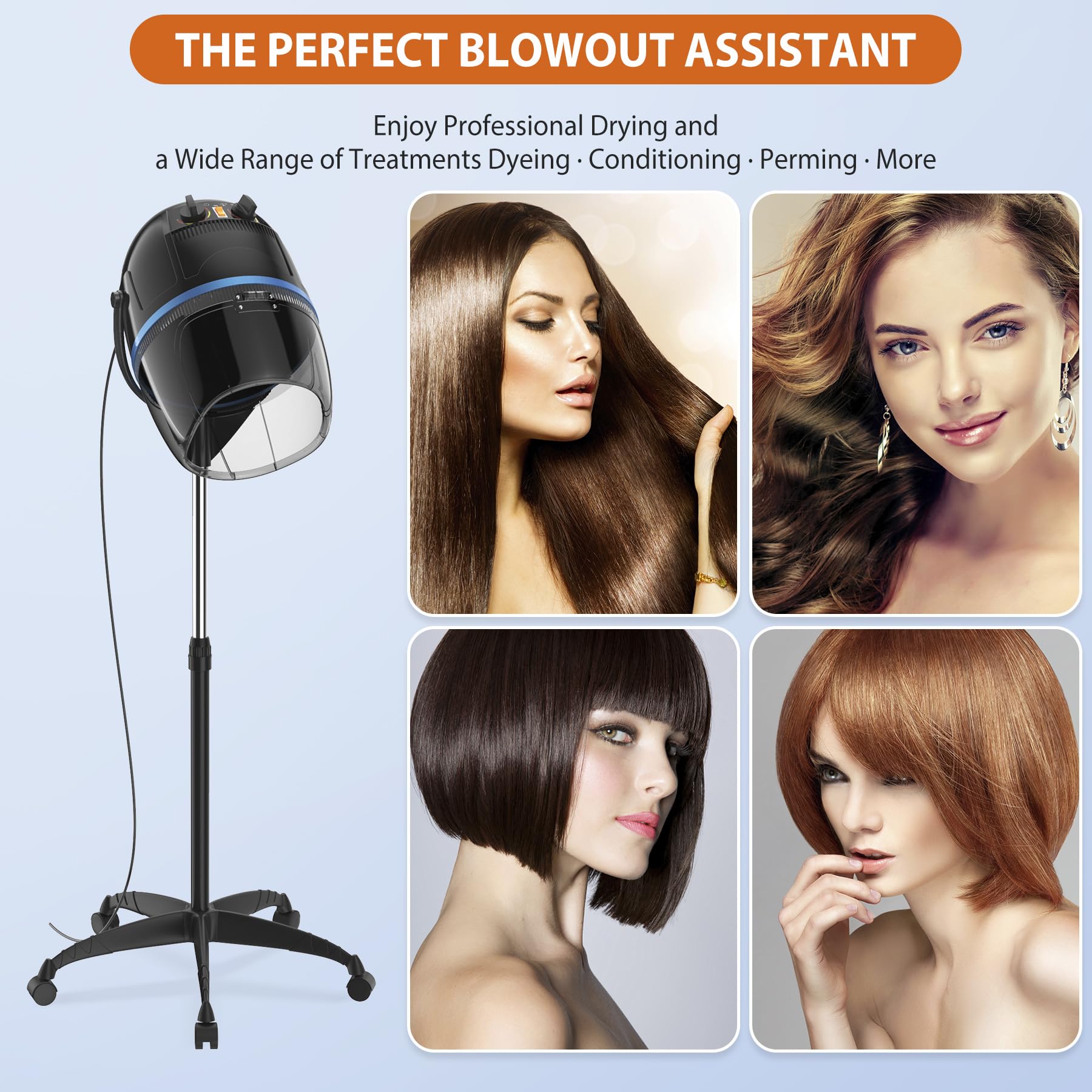 1300W Adjustable Hooded Hair Dryer with Rolling Wheels - Professional Salon Bonnet Dryer for Home Spa & Beauty Treatments | Black | Perfect for Hair Styling, Deep Conditioning & At-Home Hair Care