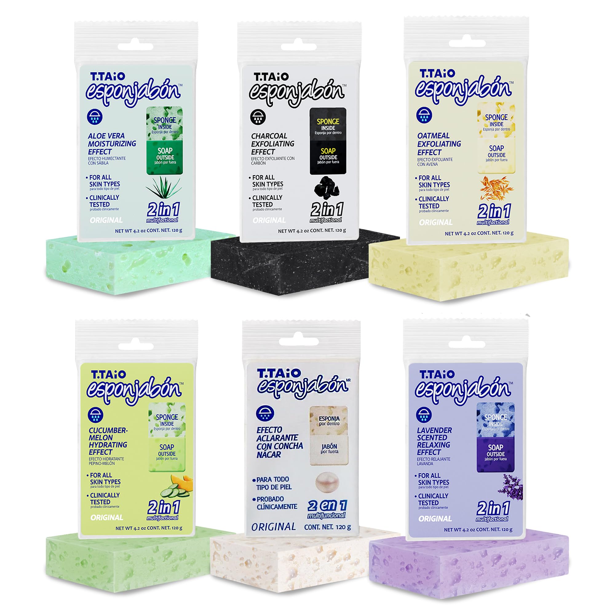 T.Taio Exfoliating Soap Sponge Variety Pack - 6 Pack with Mother of Pearl, Aloe Vera, Lavender, Charcoal, Cucumber-Melon & Oatmeal - Body Scrubber for Shower, Bath & Facial Cleansing - Perfect Bathroom Accessories for Spa-Like Experience at Home