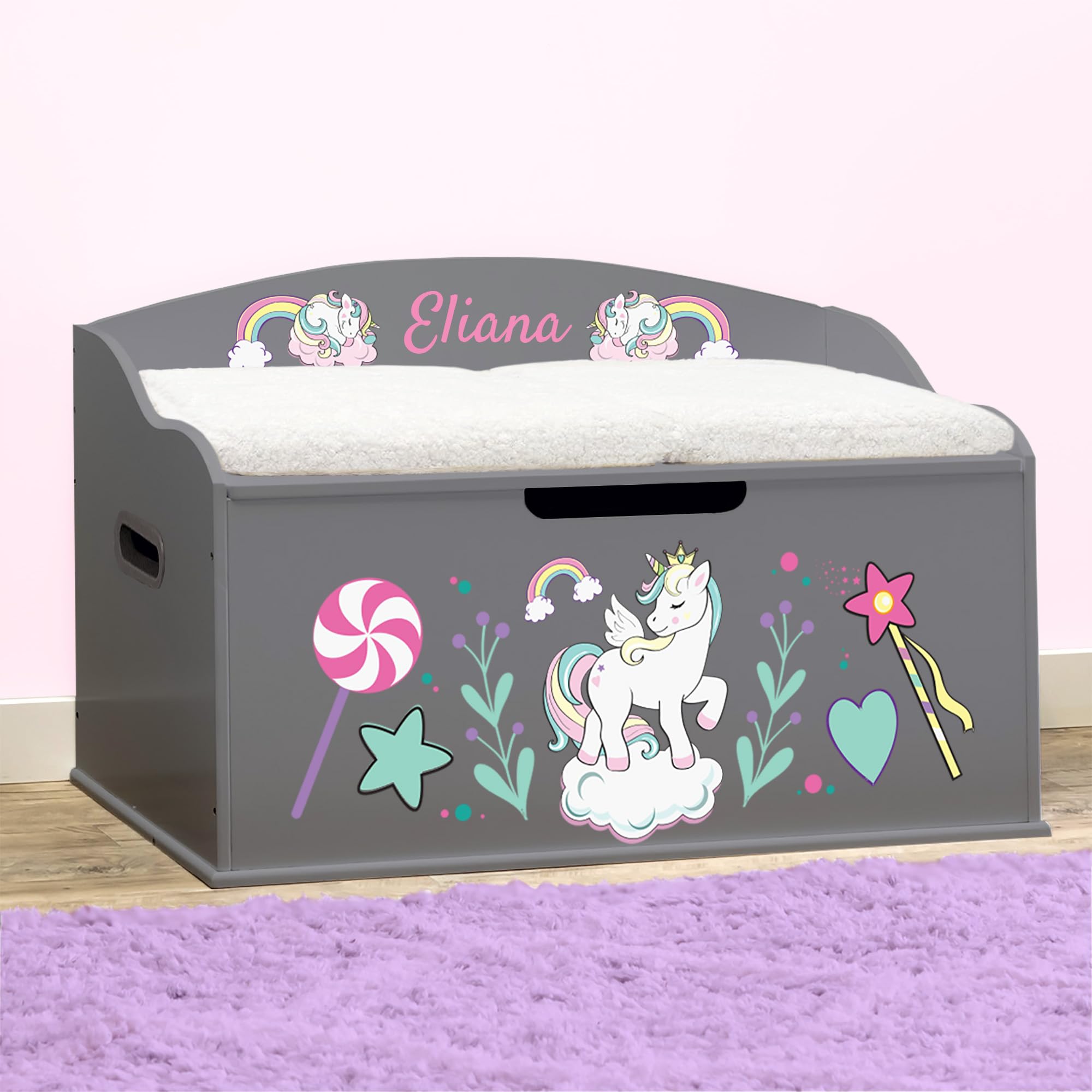 DIBSIES Personalized Creative Wonders Toy Box - Unicorns & Rainbows Design in Dovetail Grey | Kids' Room Storage & Playroom Organization