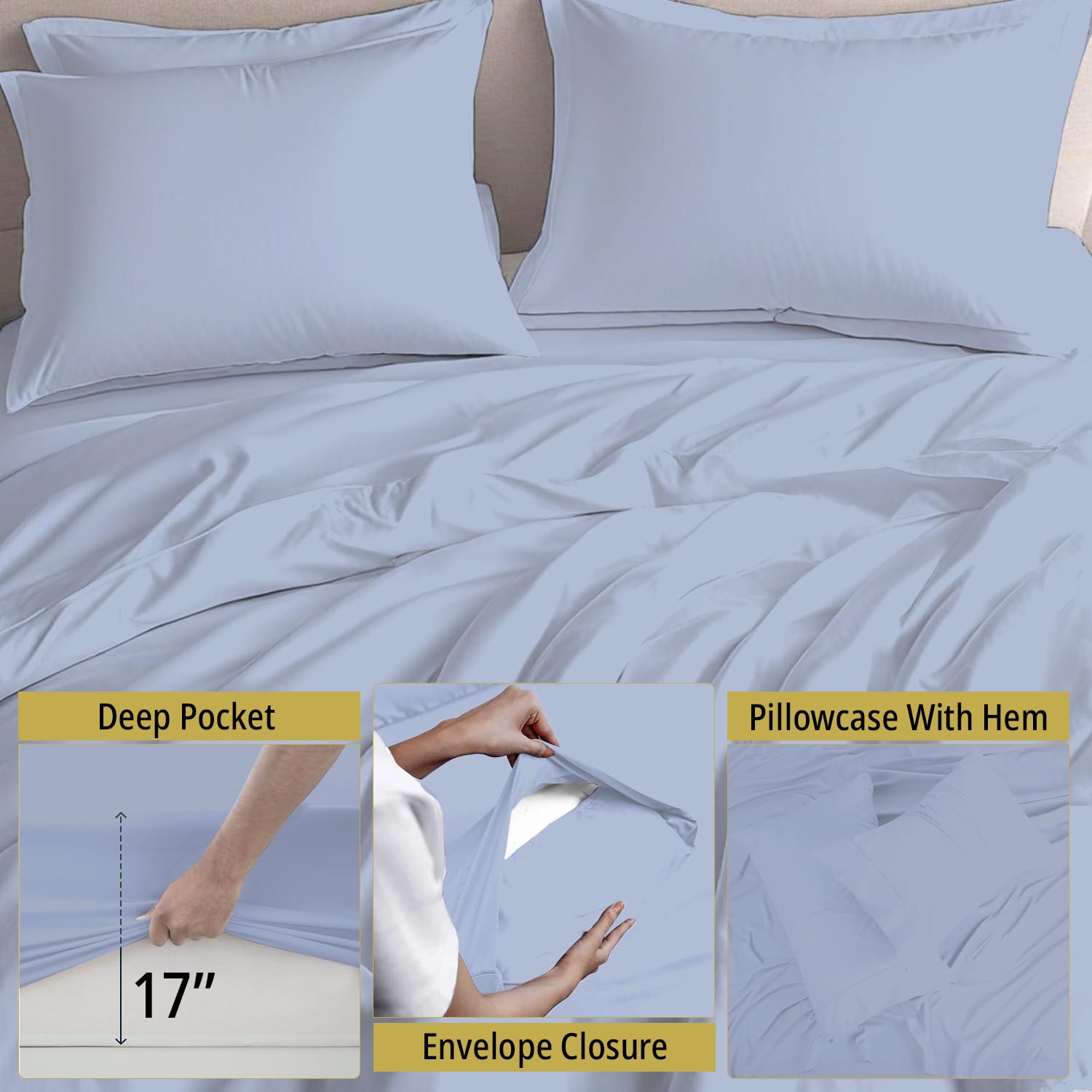 Premium 100% Egyptian Cotton King Sheet Set - 4 Piece Sky Blue Cooling Bed Sheets with 17