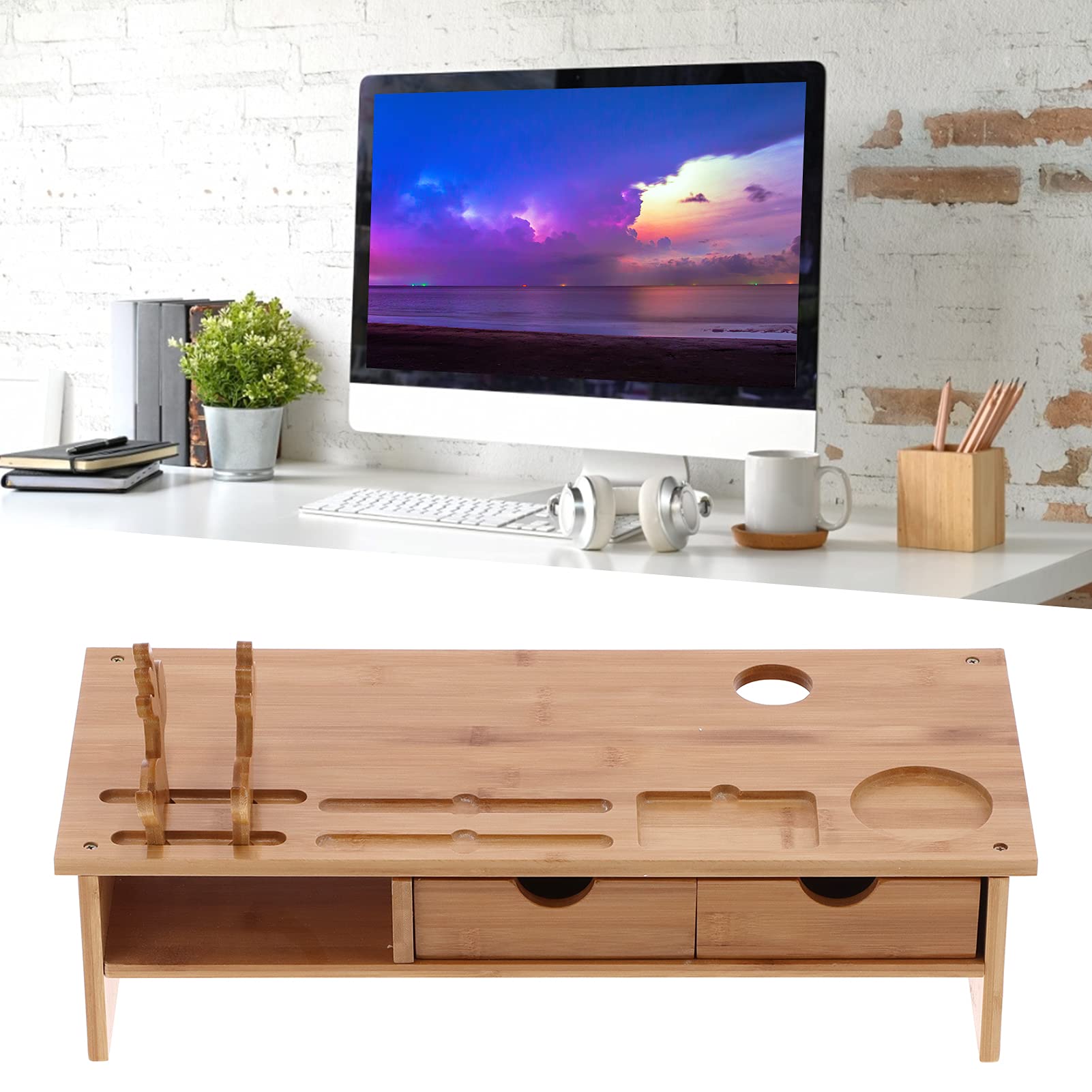 BigKing Bamboo Monitor Stand Riser with 2 Drawers - Home & Office Desktop Organizer for Computer, Laptop, Printer & Cellphone - Perfect for Workspace Organization & Ergonomic Setup