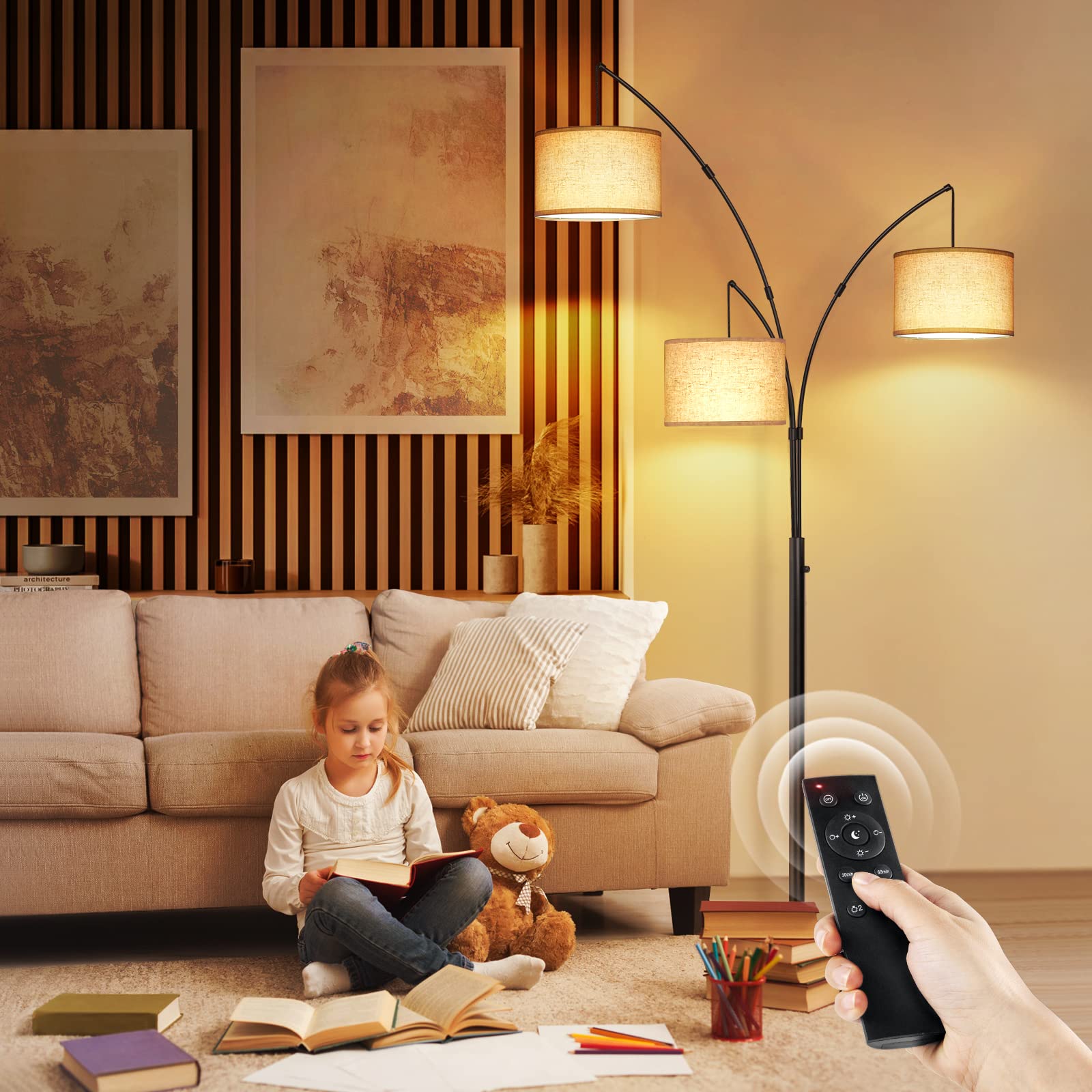 OUTON Arc LED Floor Lamp with Remote Control - Dimmable Modern Black 3-Light Arched Tall Standing Lamp | Adjustable Mid-Century Design for Bedroom, Office & Living Room | Beige Lampshade | Perfect for Reading, Working & Creating Ambient Lighting