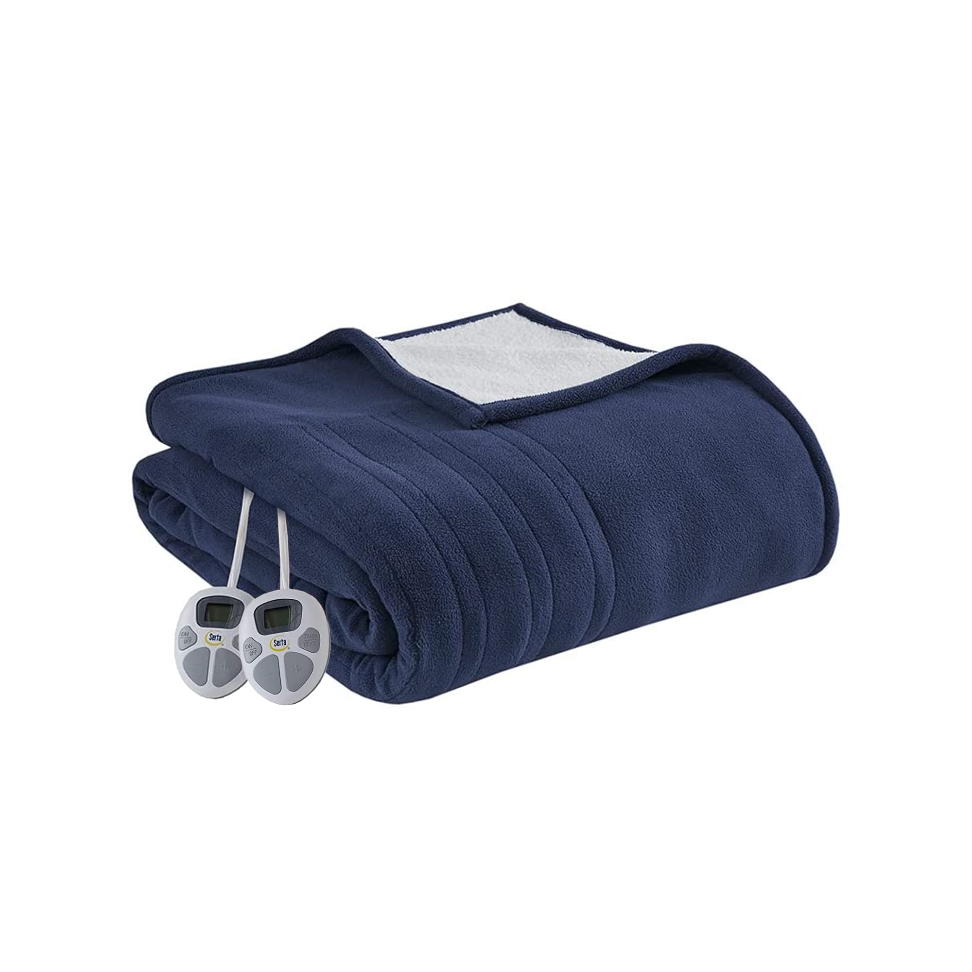 Serta Reversible Fleece to Sherpa Electric Blanket - Fast Heating with Auto Shut Off Timer & 10 Heat Settings - ETL Certified, Machine Washable Blue King Size (90