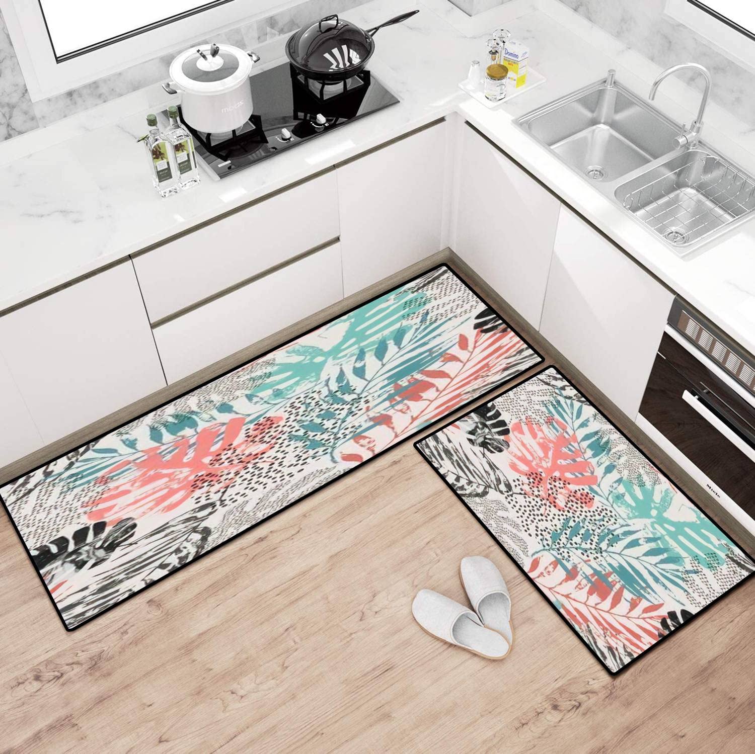 Boho Kitchen Rugs Set - Non-Slip Washable Kitchen Runner & Floor Mat with Tropical Leaves & Marble Folk Design - Perfect for Kitchen, Bathroom, Entryway & Home Decor (3-Piece Set)