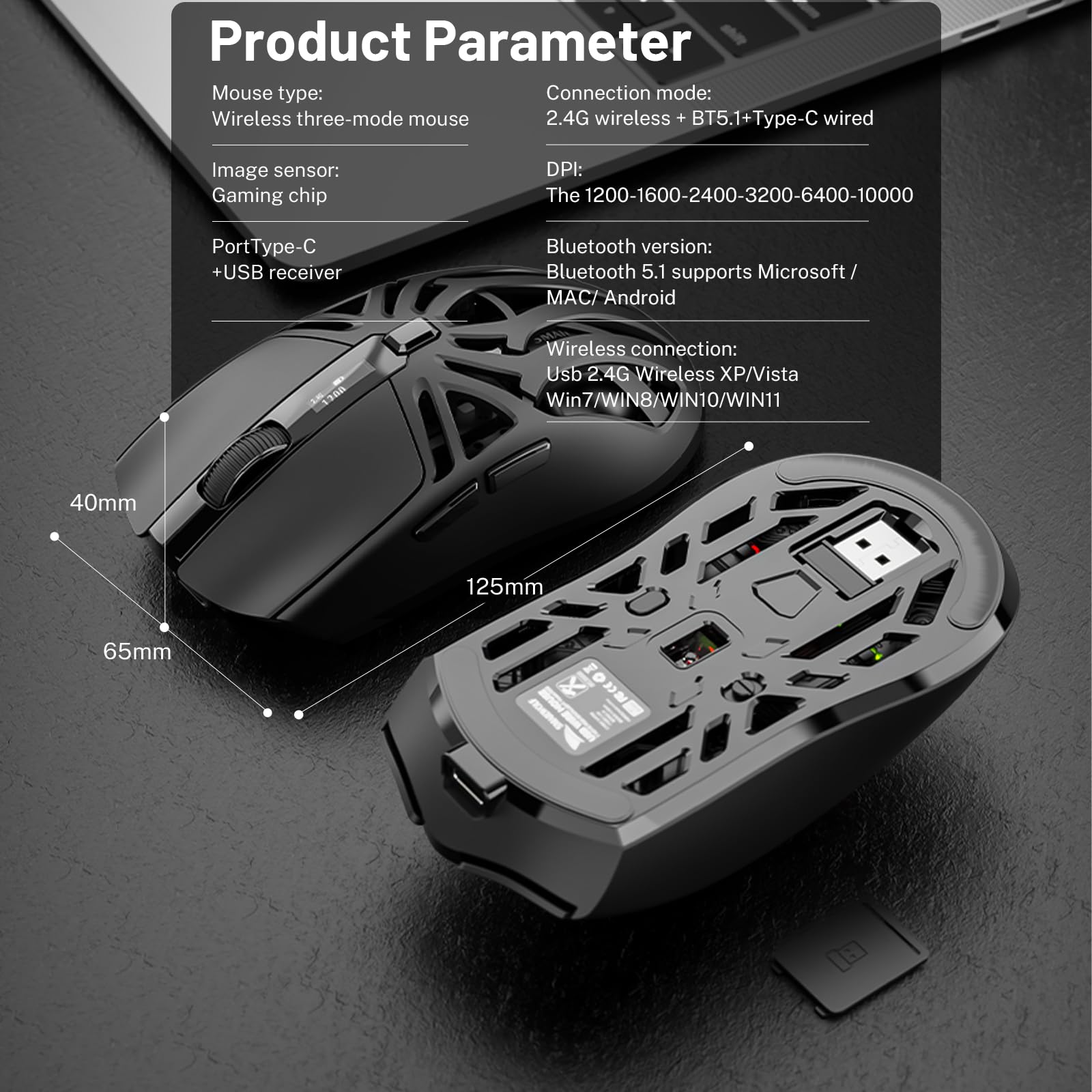 Wireless Gaming Mouse - 10000 DPI Tri-Mode 2.4GHz/Bluetooth/Wired with 6 Buttons, Digital Display & Silent Click - Rechargeable RGB Mouse with Customizable Macros for PC, Mac, Laptop (Black) - Perfect for Esports, Office Work & Home Gaming