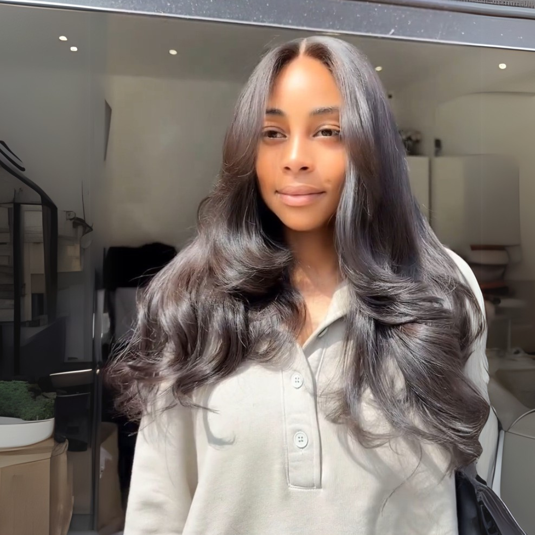 Eullair Body Wave Pre Cut Lace Human Hair Wig - Butterfly Layered Cut Loose Wavy Wig with Curtain Bangs | Natural Look for Daily Wear, Cosplay & Special Occasions